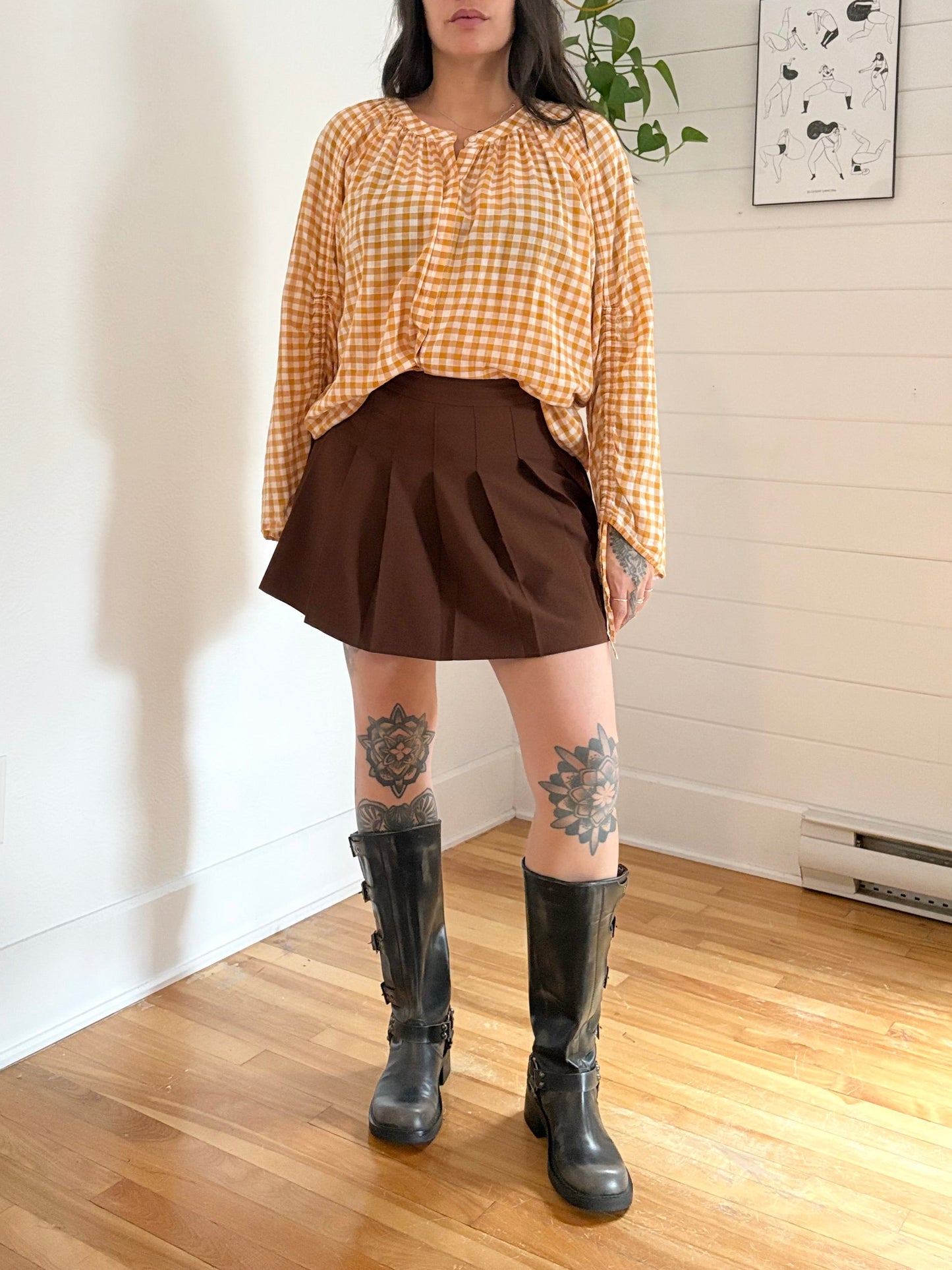 GAP ruched sleeve gingham top Large
