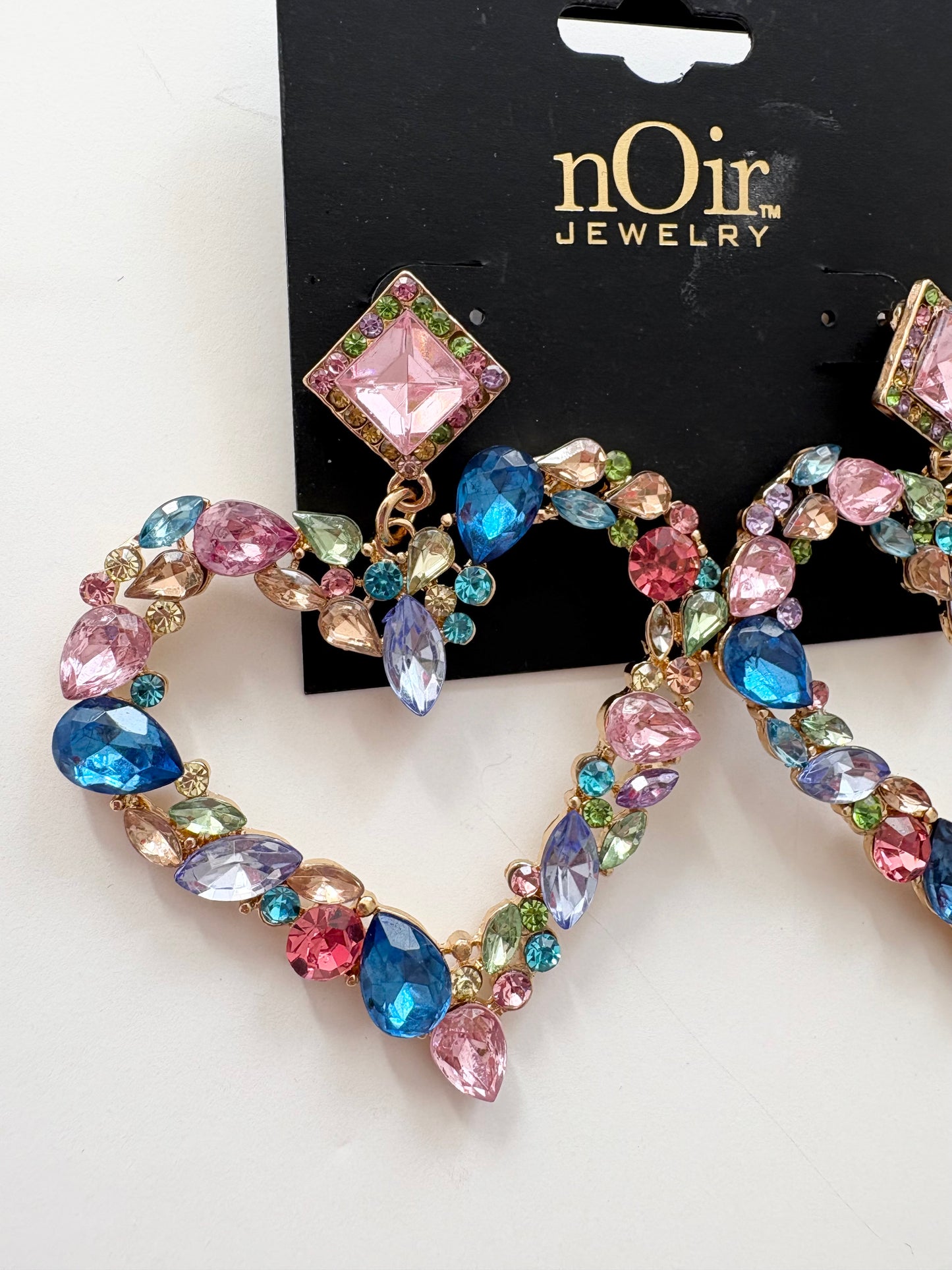 Noir NYC giant gemstones heart pendant earrings