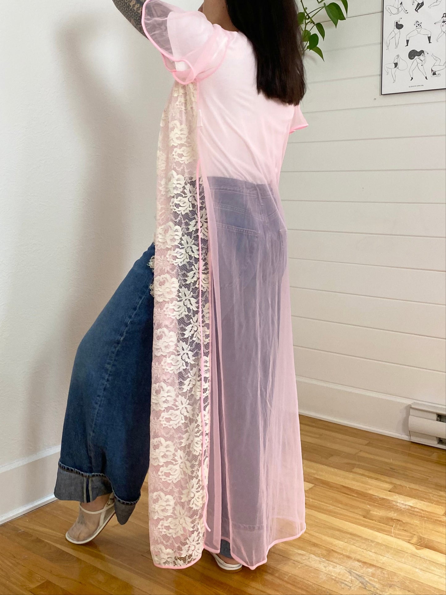 Cardigan maxi en maille avec détails en dentelle vintage S/M