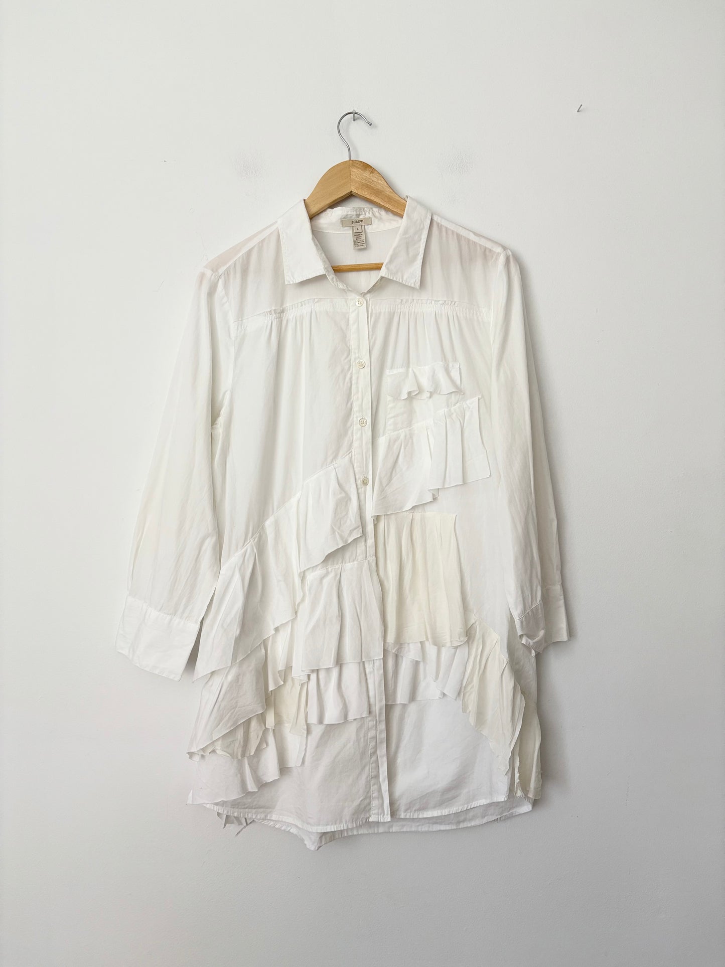 J.crew mix media ruffle button down shirt Large