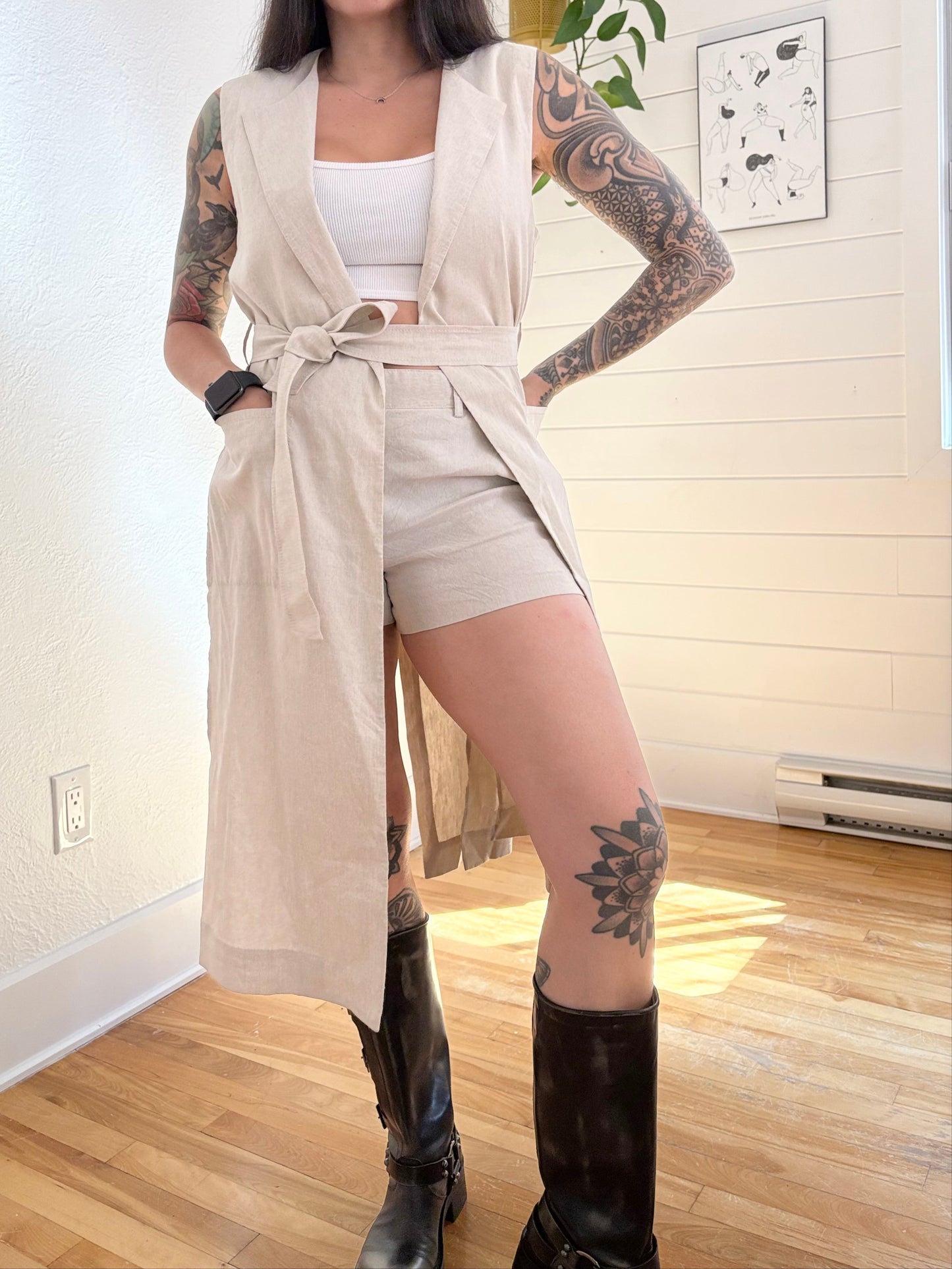 Theory Skea crunch linen sleeveless vest & shorts set S/M