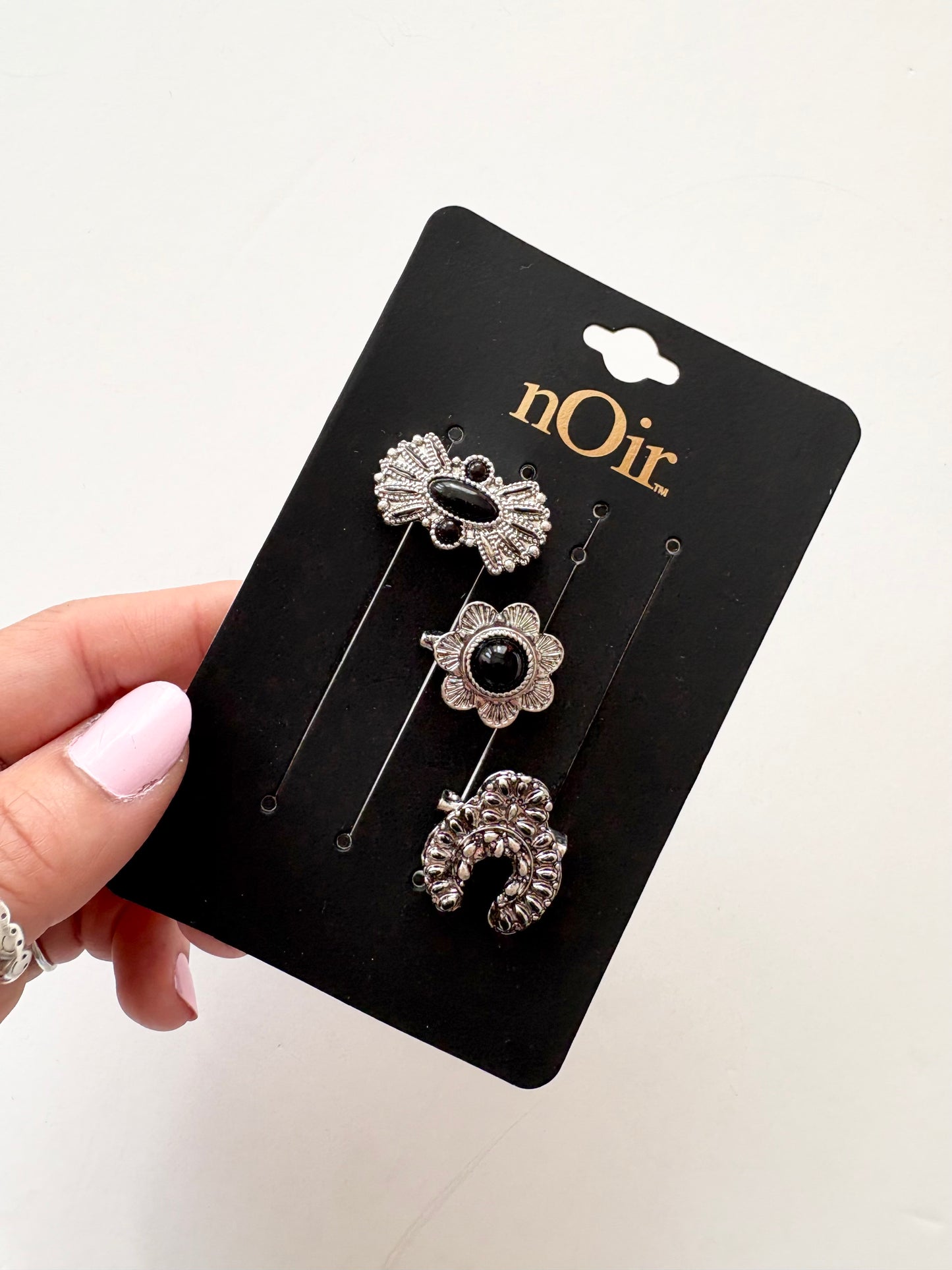 Noir NYC black gemstone rhodium plated brooch set