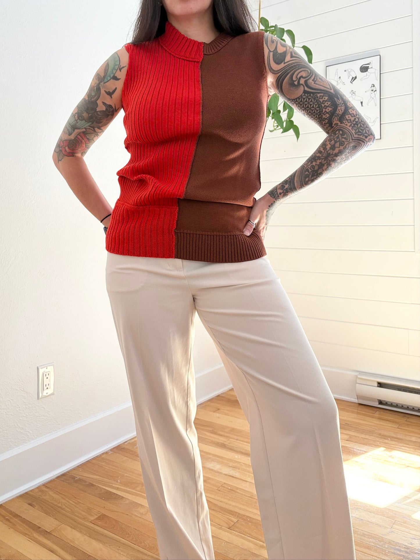 Marina Moscone Wool & silk blend patchwork sleeveless sweater Small