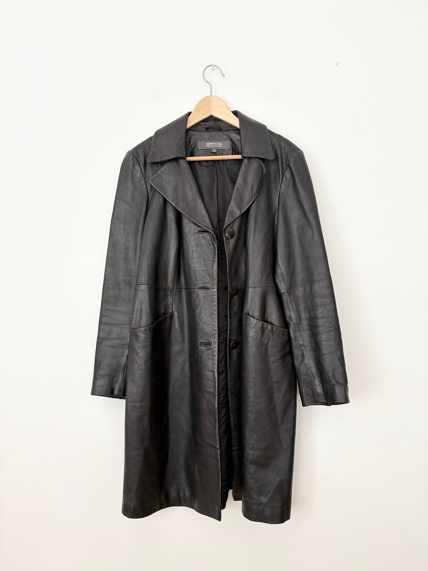 Trench-coat vintage en cuir véritable Kenneth Cole XL