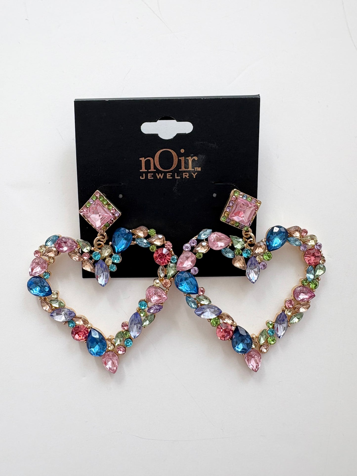 Noir NYC giant gemstones heart pendant earrings