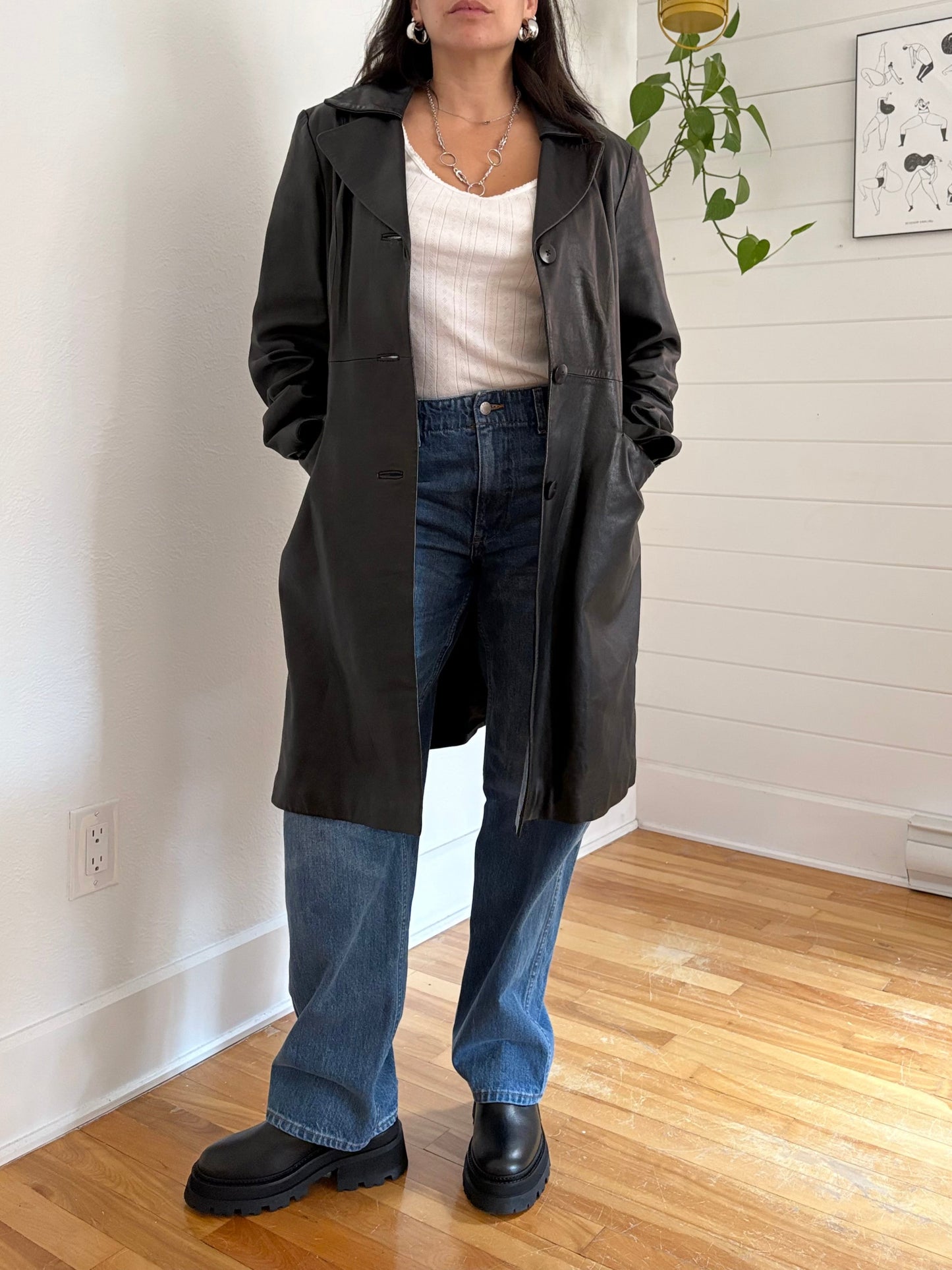 Trench-coat vintage en cuir véritable Kenneth Cole XL