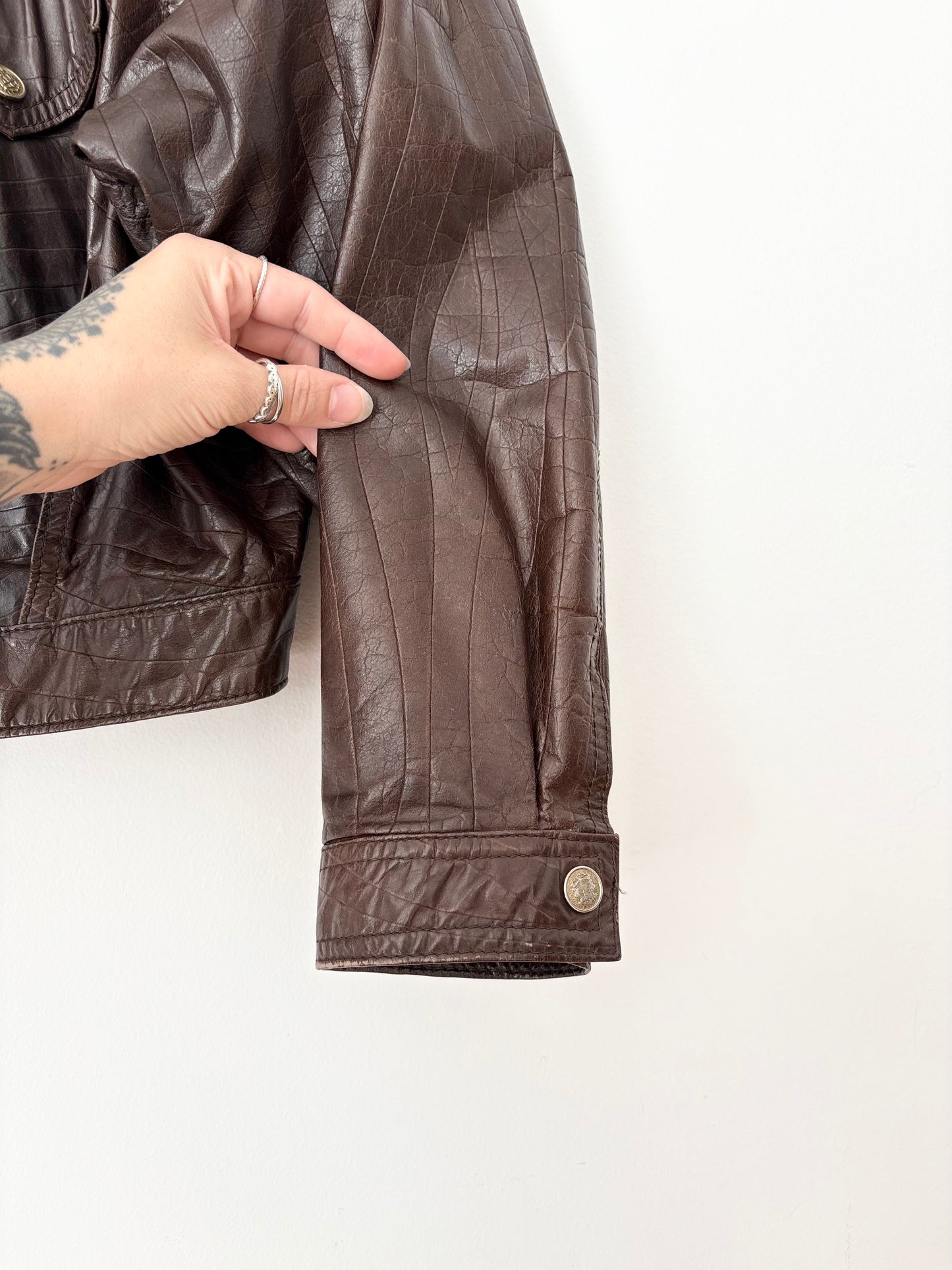 Vintage brown genuine leather crop bomber Medium