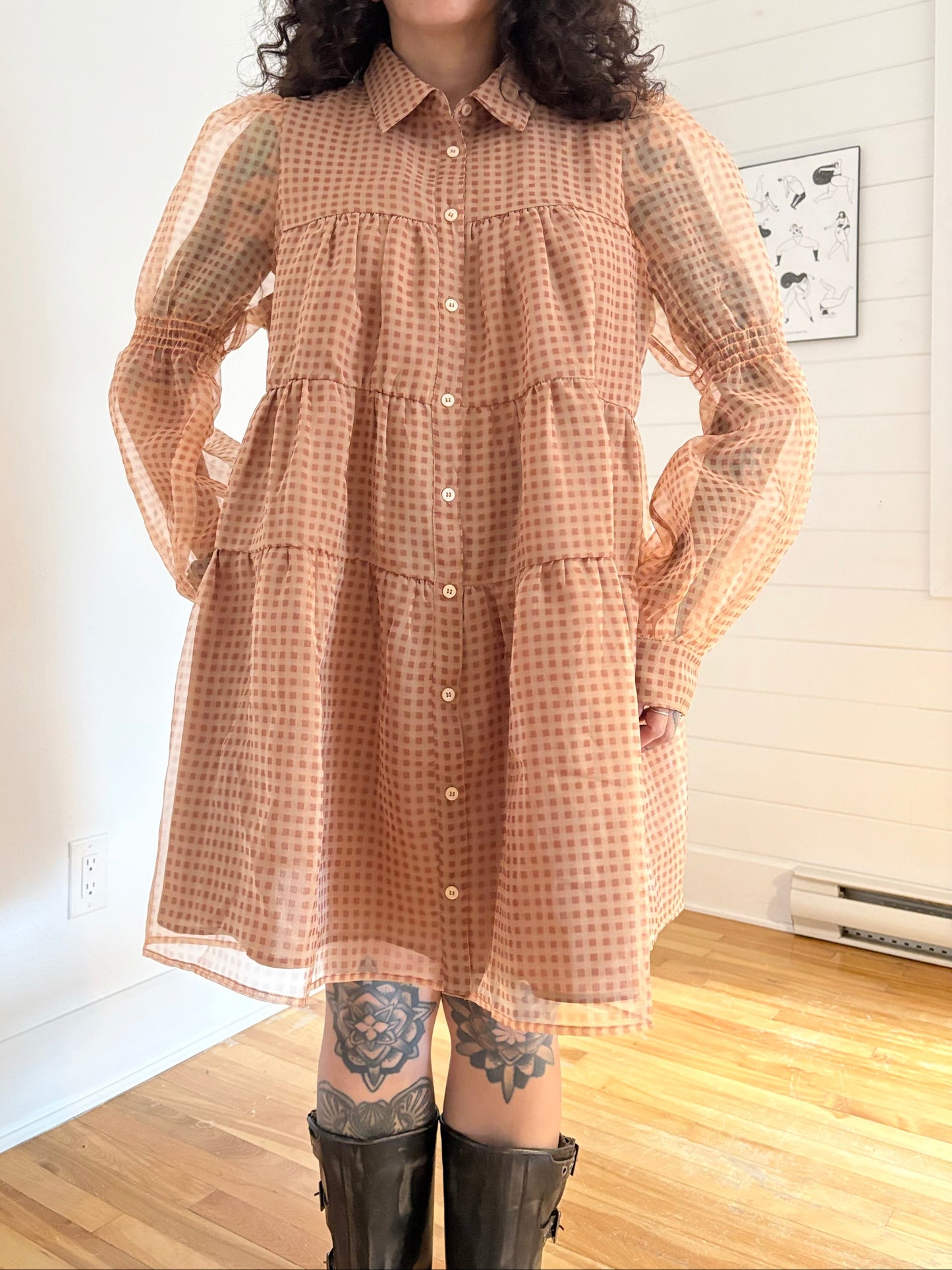 En saison organza check print tiered dress Large