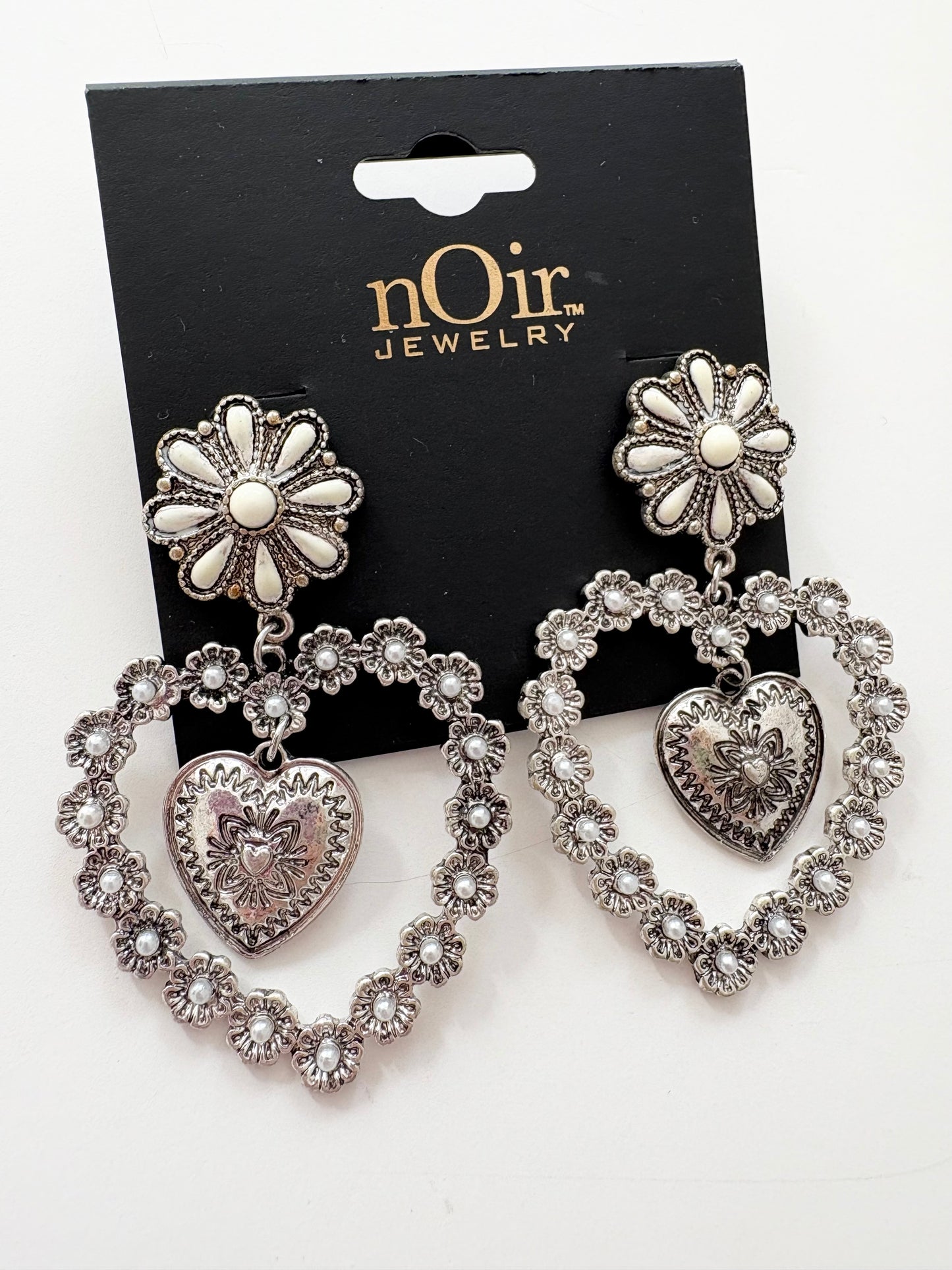 Noir NYC silver flower heart earrings