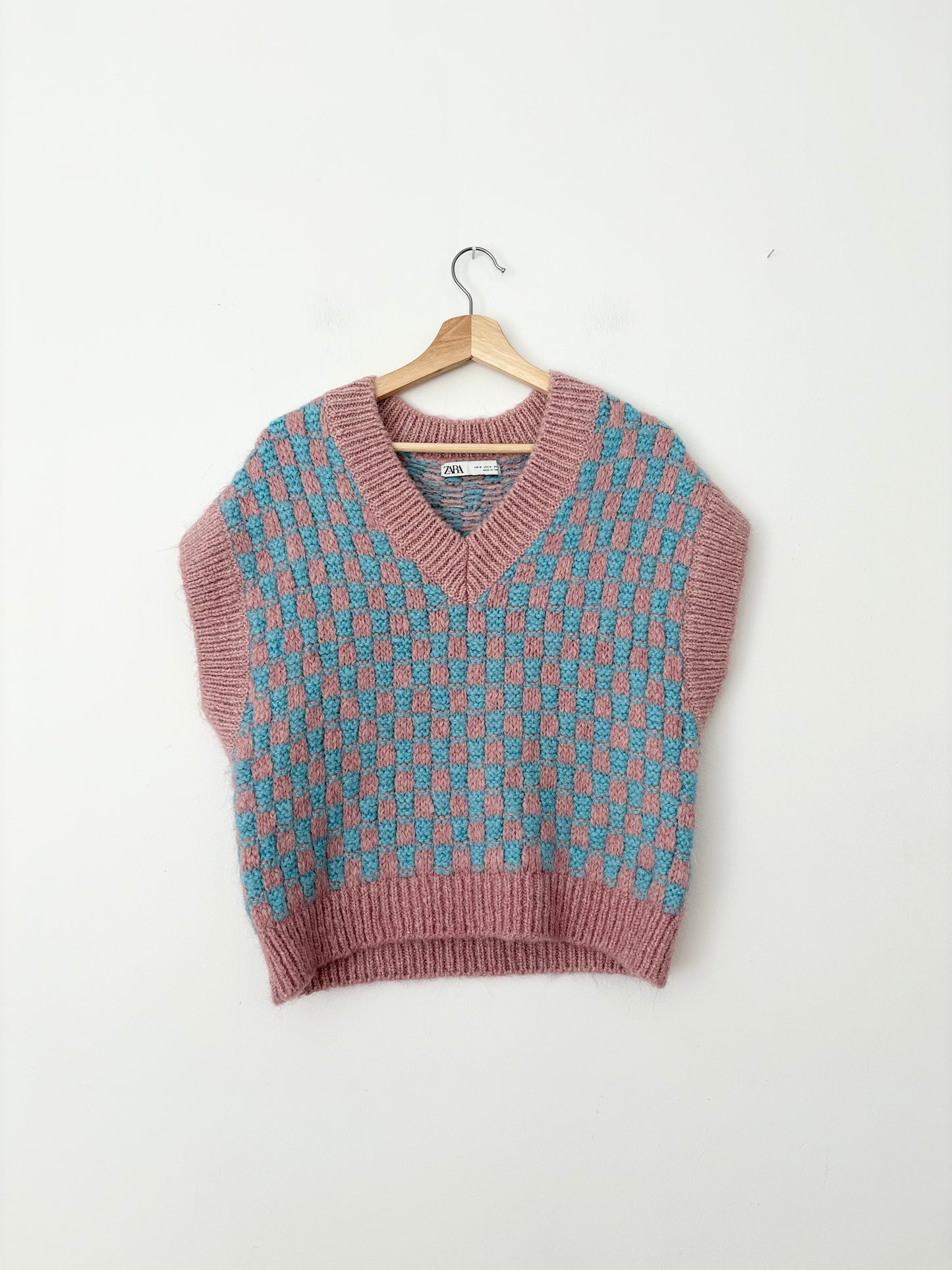 Zara wool blend knit checkered sleeveless sweater Small