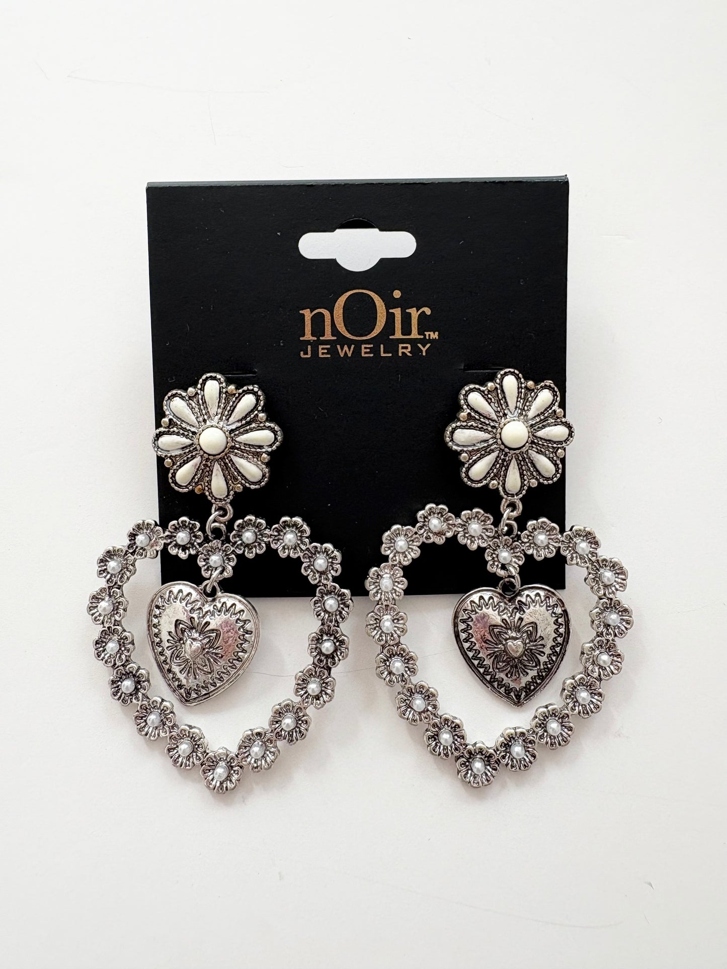 Noir NYC silver flower heart earrings