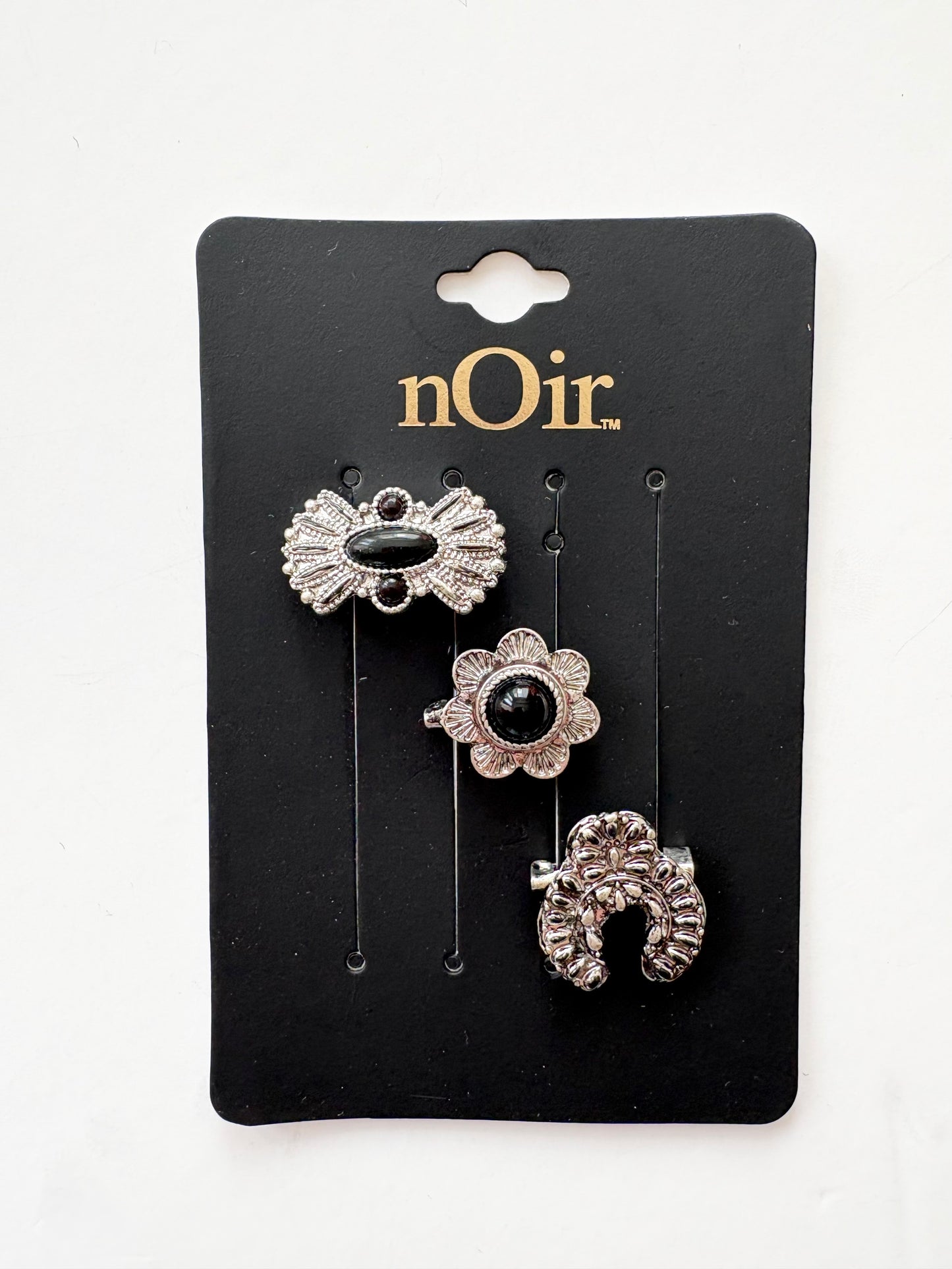 Noir NYC black gemstone rhodium plated brooch set