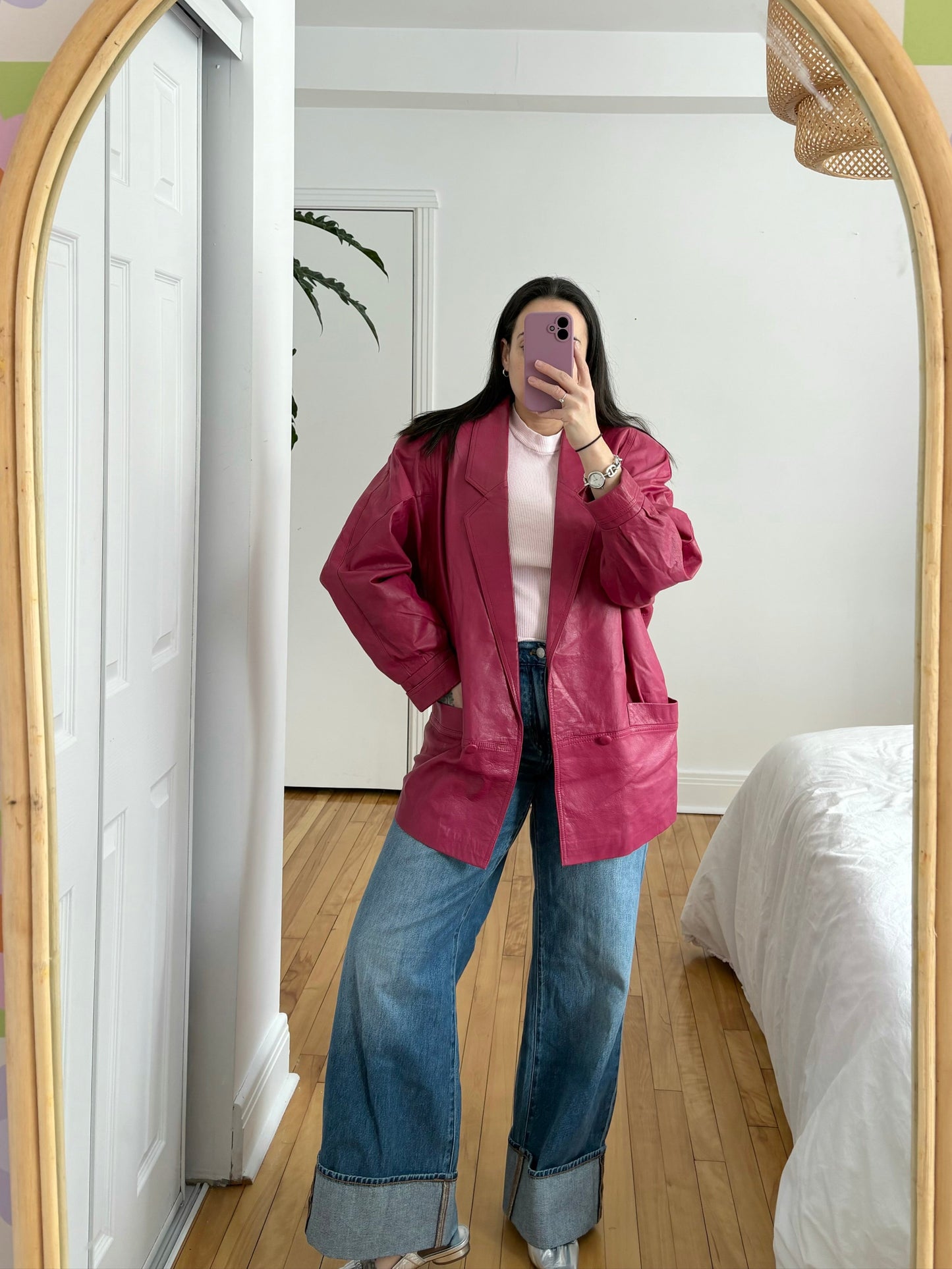 Veste en cuir rose vintage XL