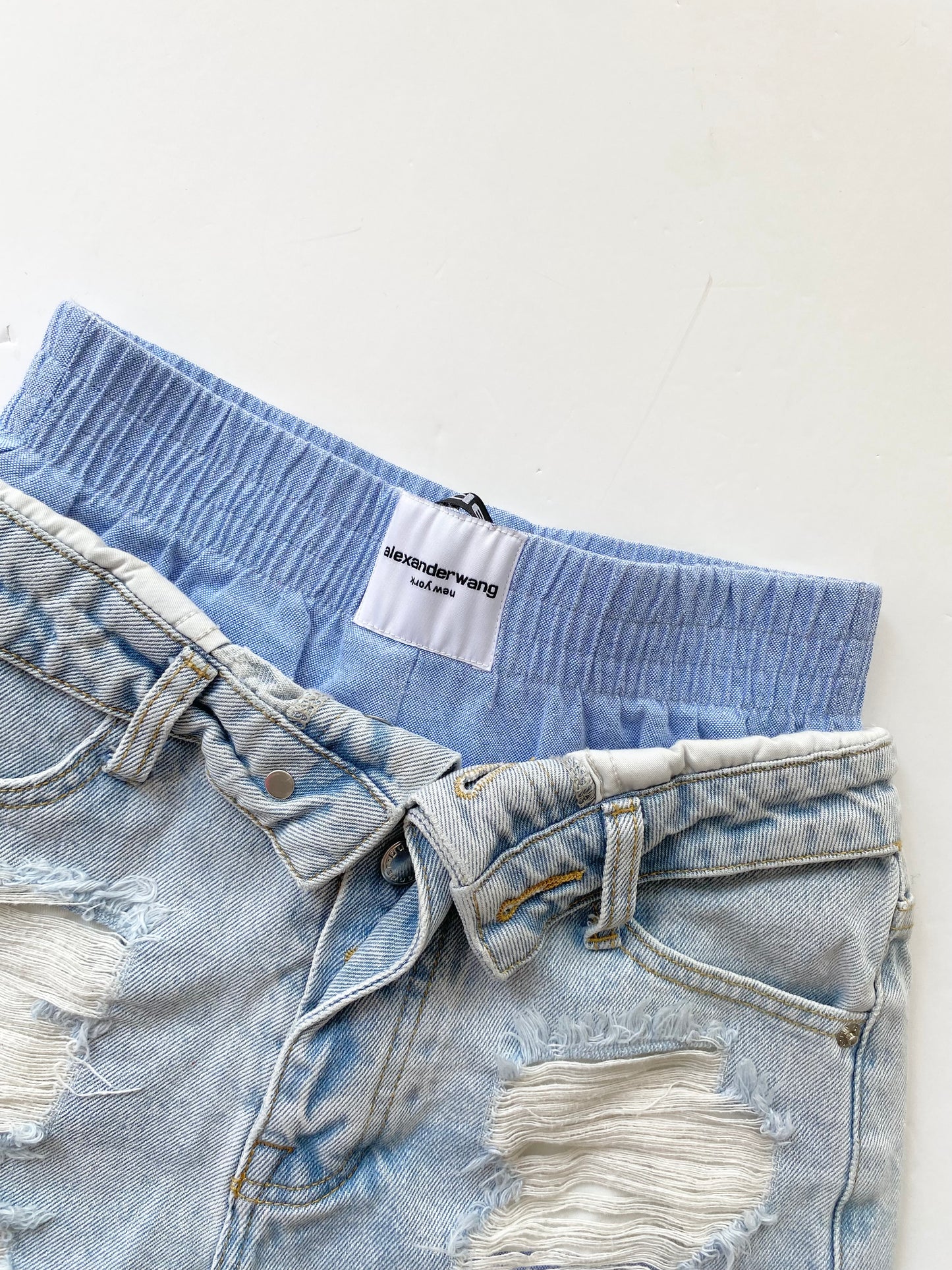 Alexander wang blue boxer layered distressed denim shorts W24