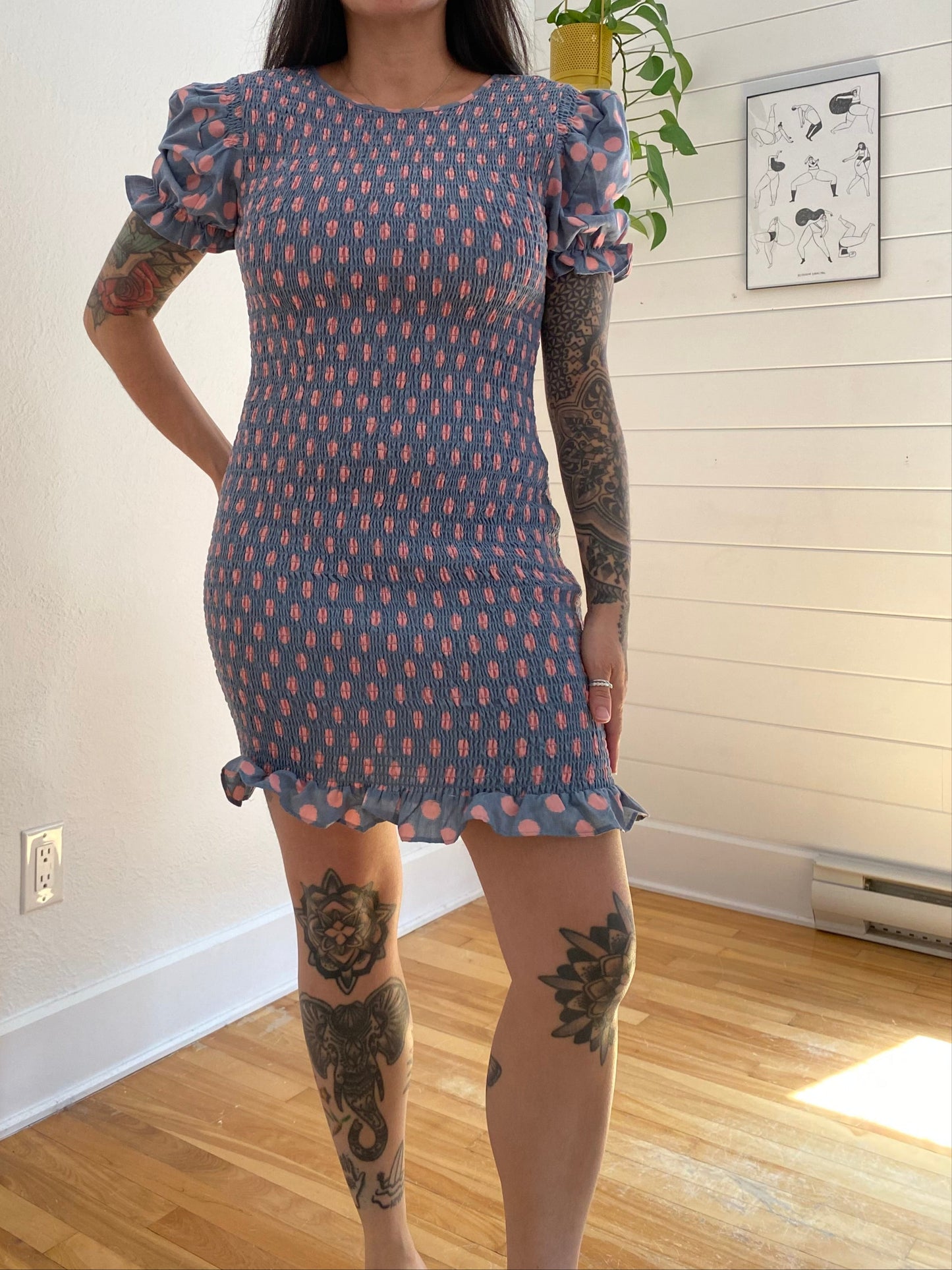 Free the roses Anthropologie smocked polka dot dress S/M
