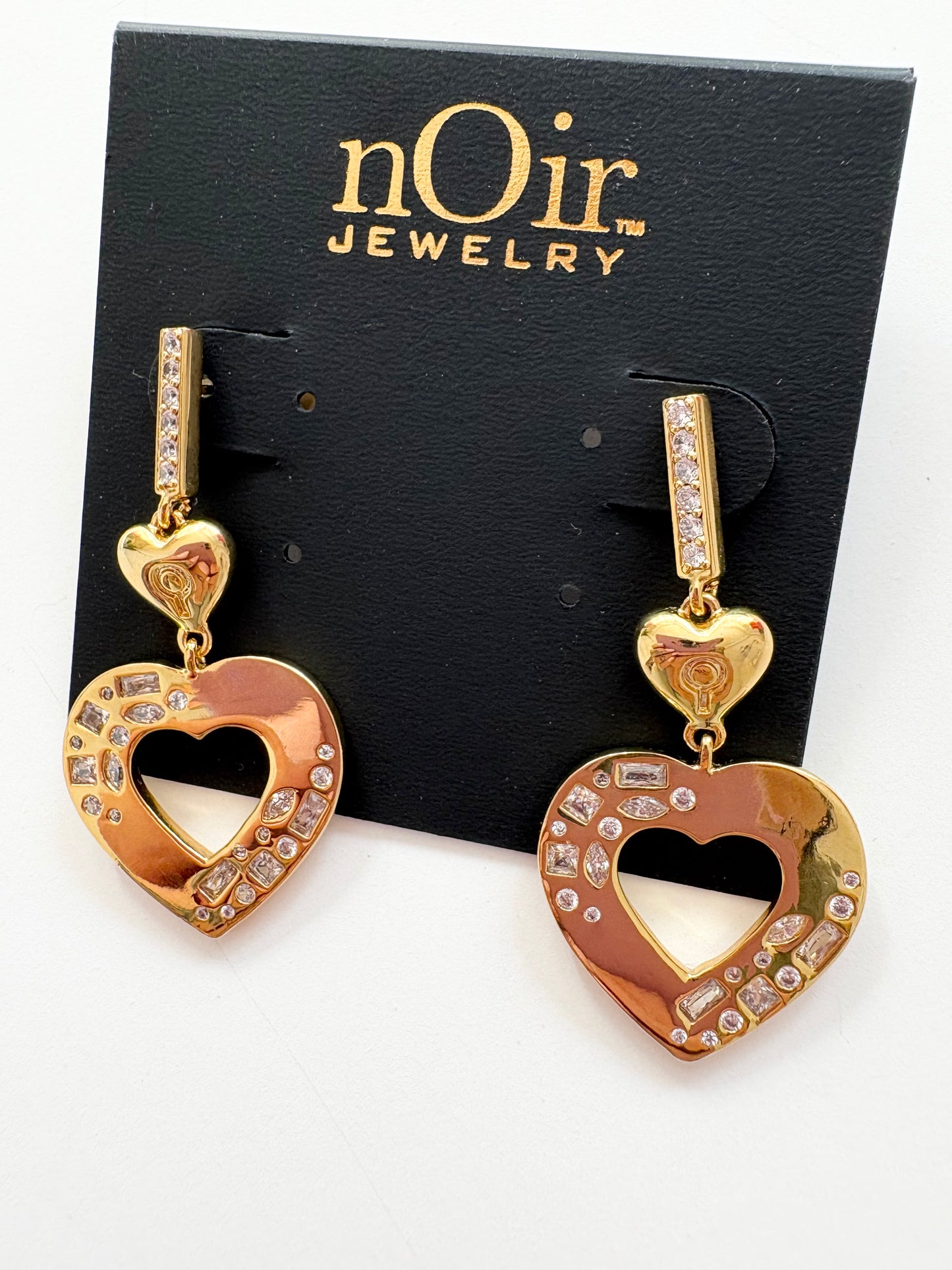 Noir NYC gold heart pendant earrings