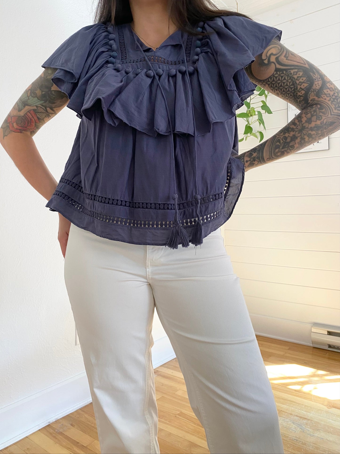Sea New York silk blend ruffled pompom blouse S/M