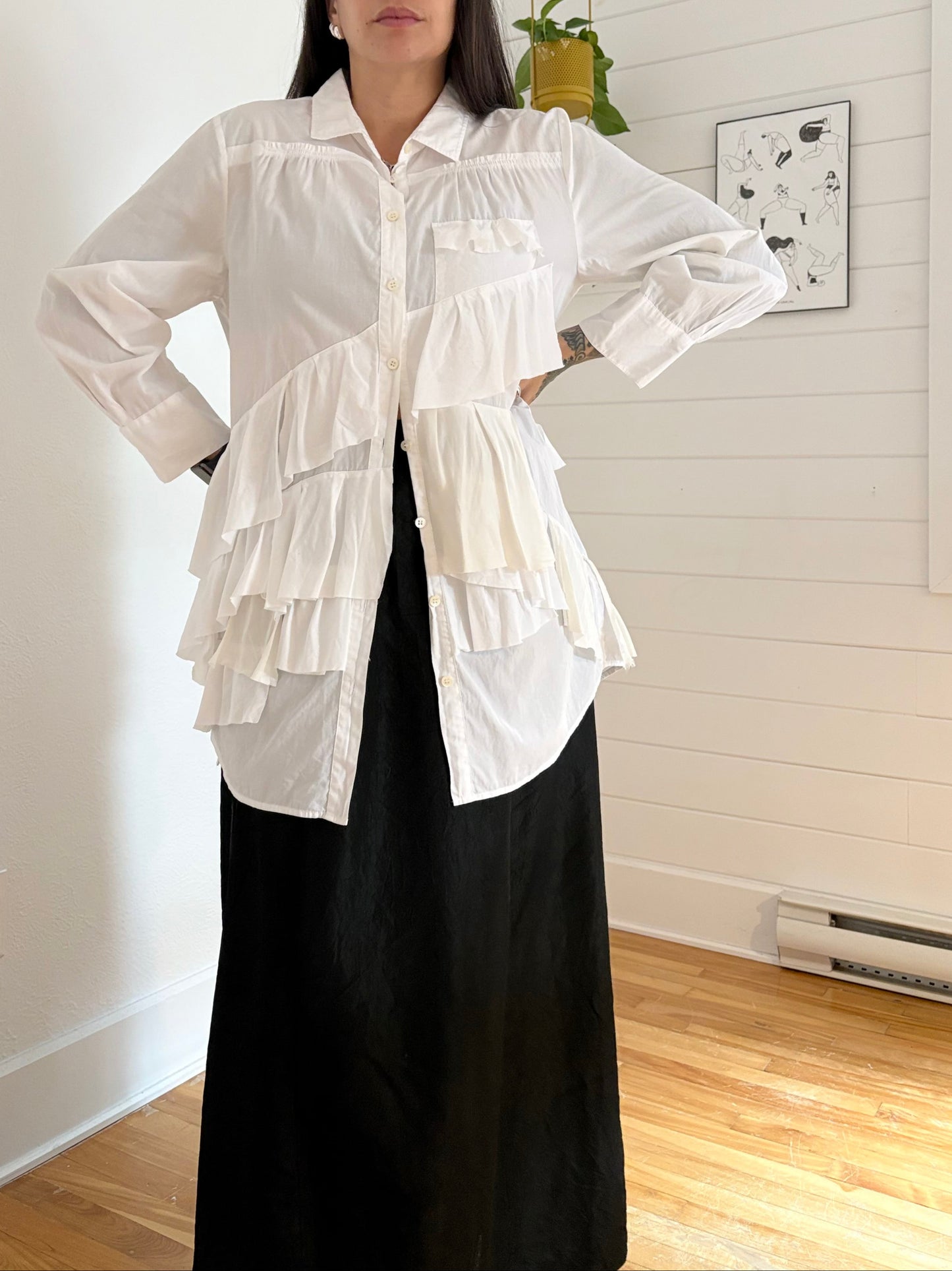 J.crew mix media ruffle button down shirt Large