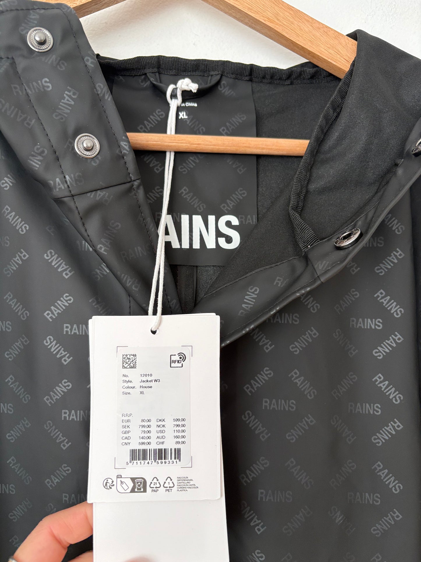 Veste à capuche à motif logo RAINS, taille XL