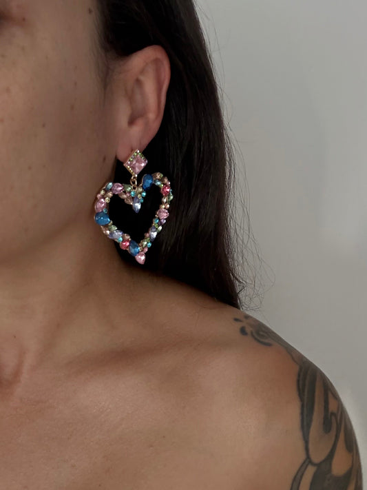Noir NYC giant gemstones heart pendant earrings