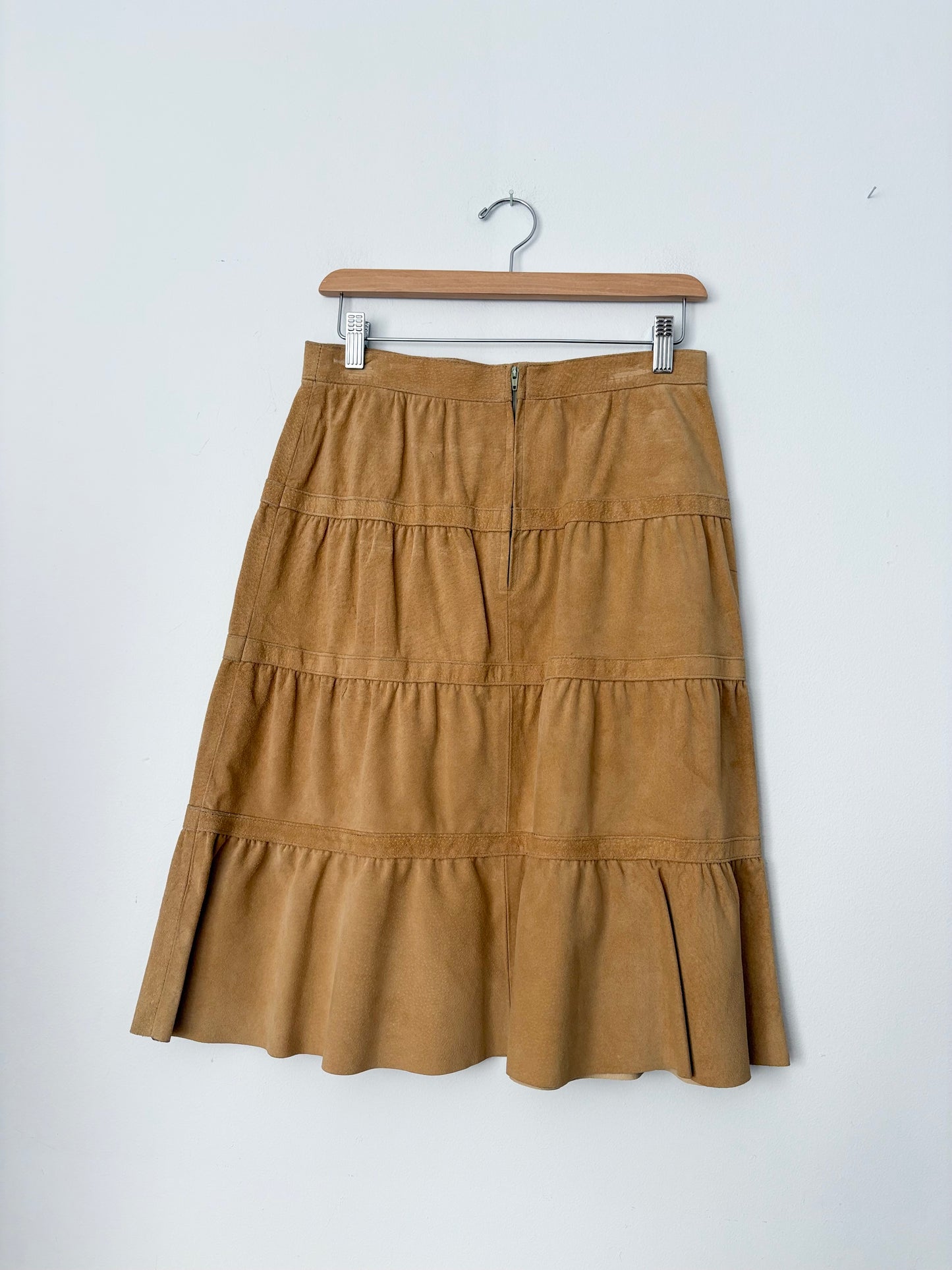 Jupe midi vintage en daim véritable à volants, taille XS/S