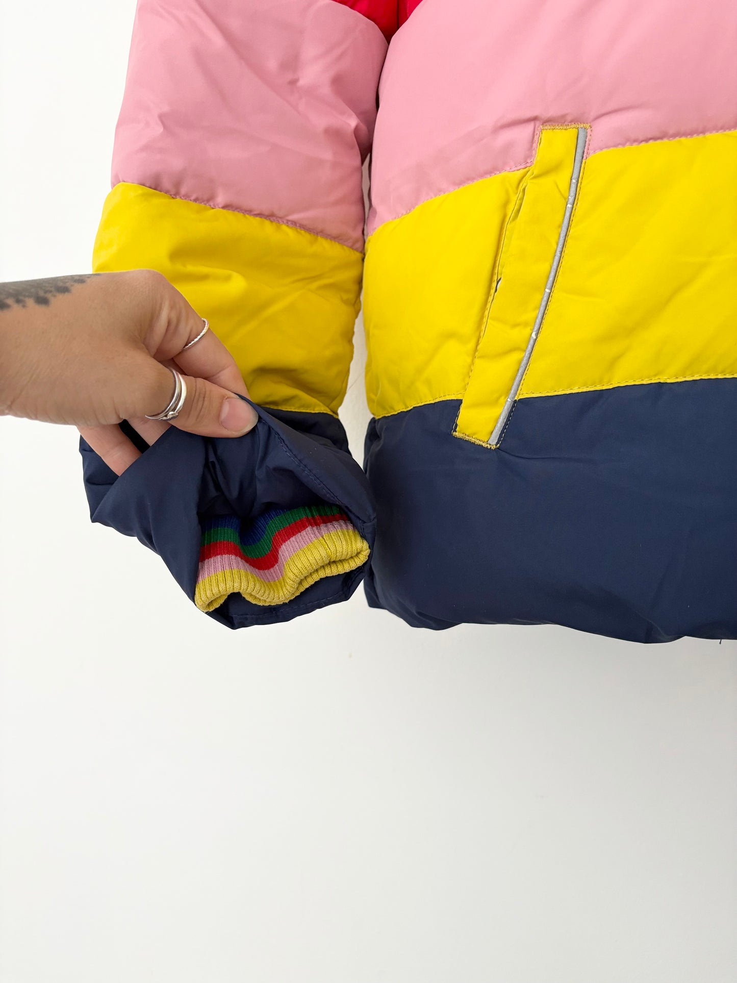 Mini boden sherpa lined rainbown puffer coat 11/12Y