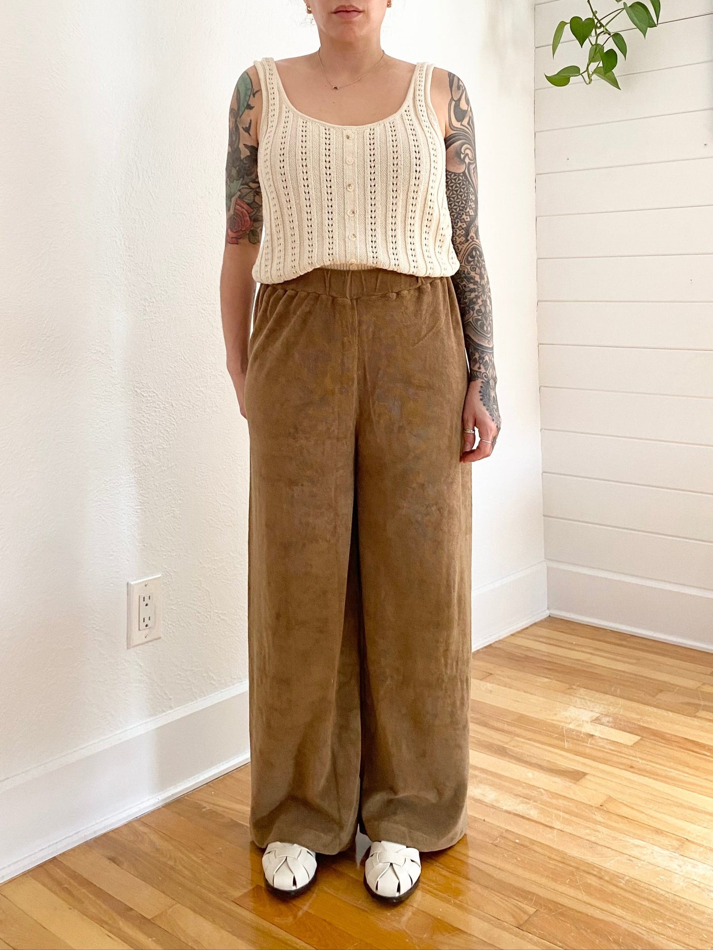 Pantalon éponge à jambes larges style folk simple, taille M/L