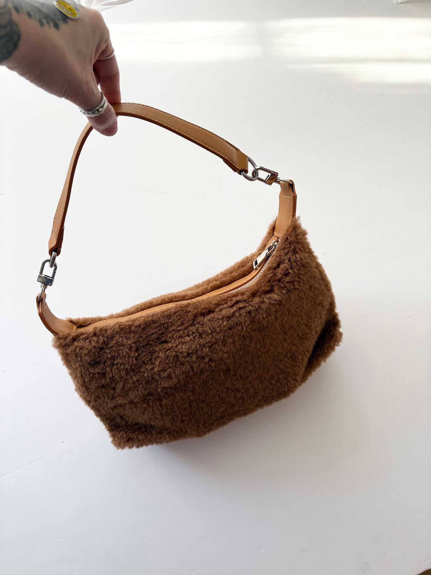 8 other reasons brown faux shearling crescent bag