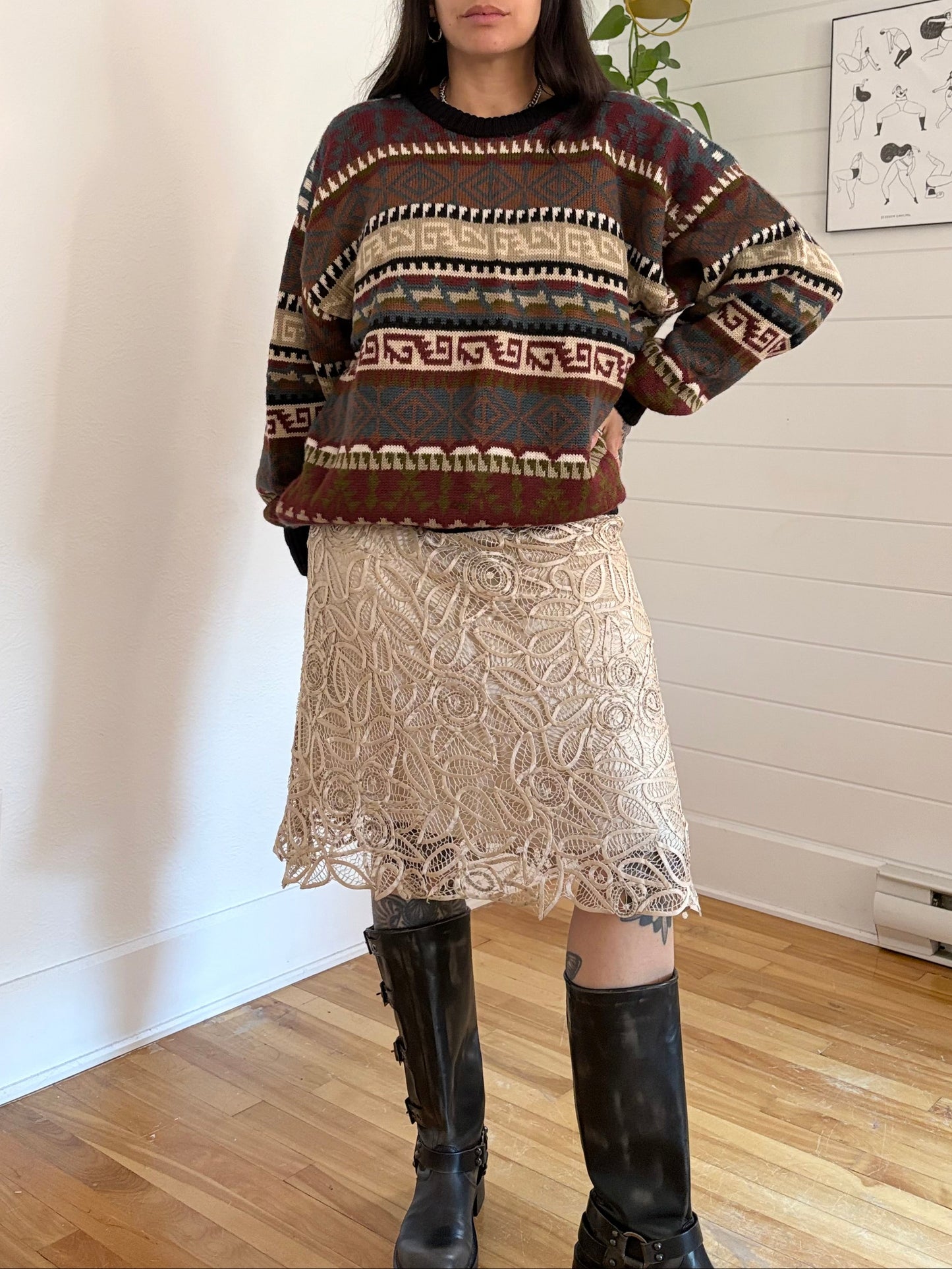 Pull vintage Obermeyer en laine mélangée à imprimé géométrique, taille L/XL