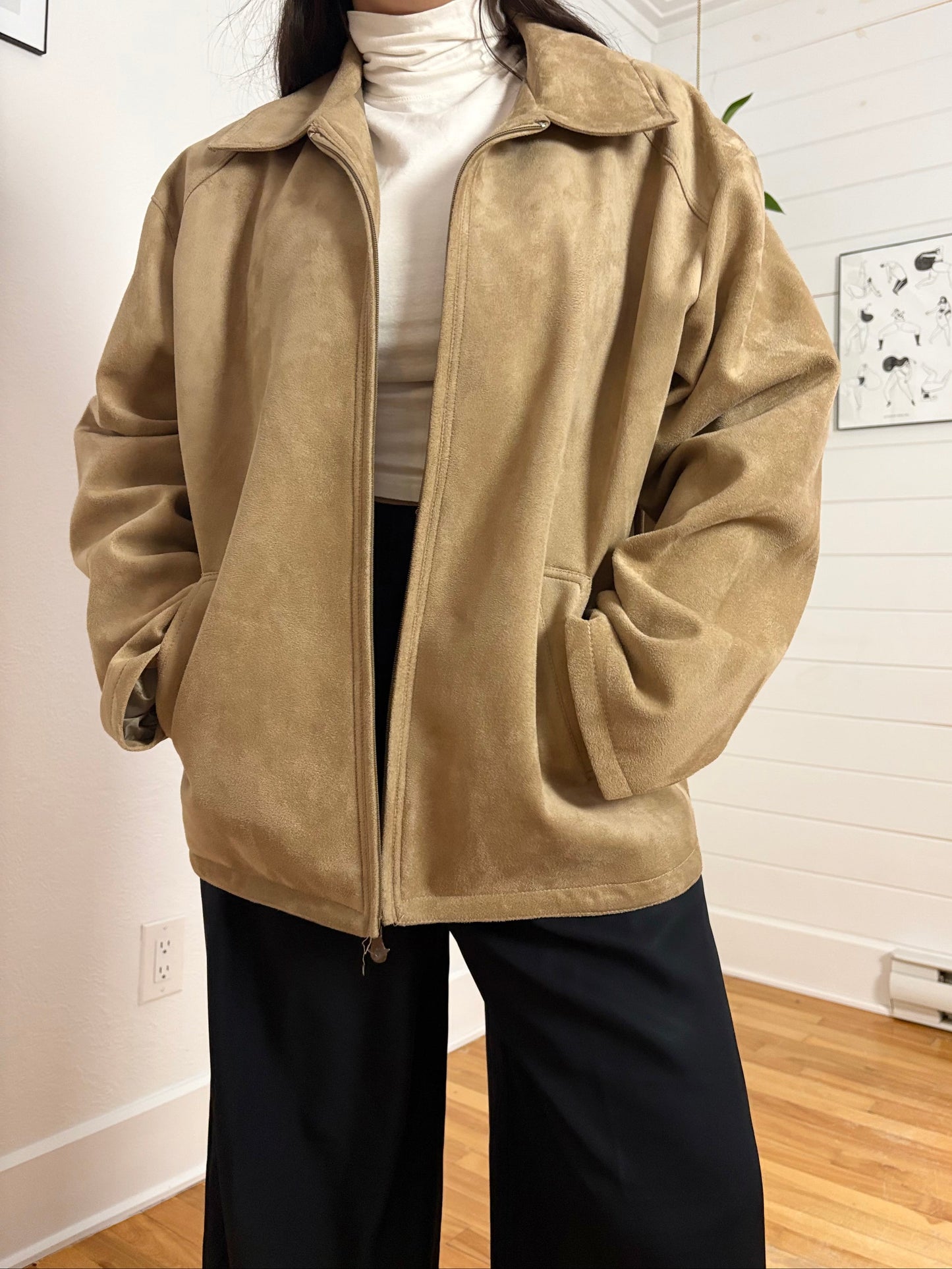 Blouson aviateur vintage en daim beige, taille 2XL