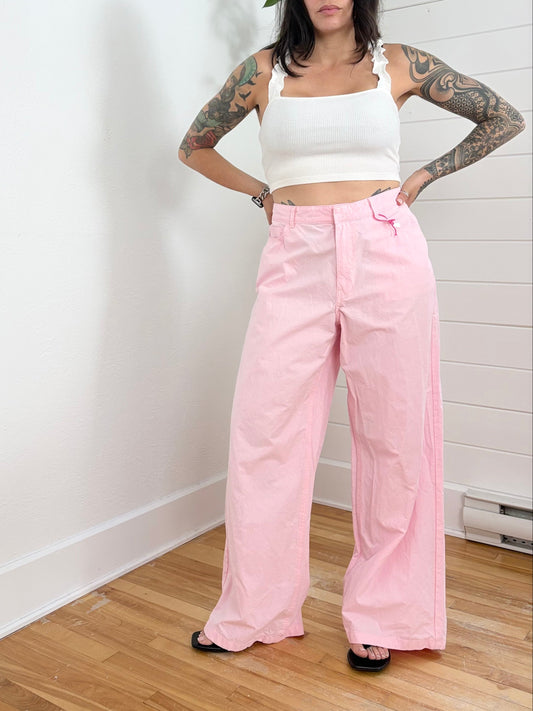 Pantalon large Zara en popeline de coton rose T40/42