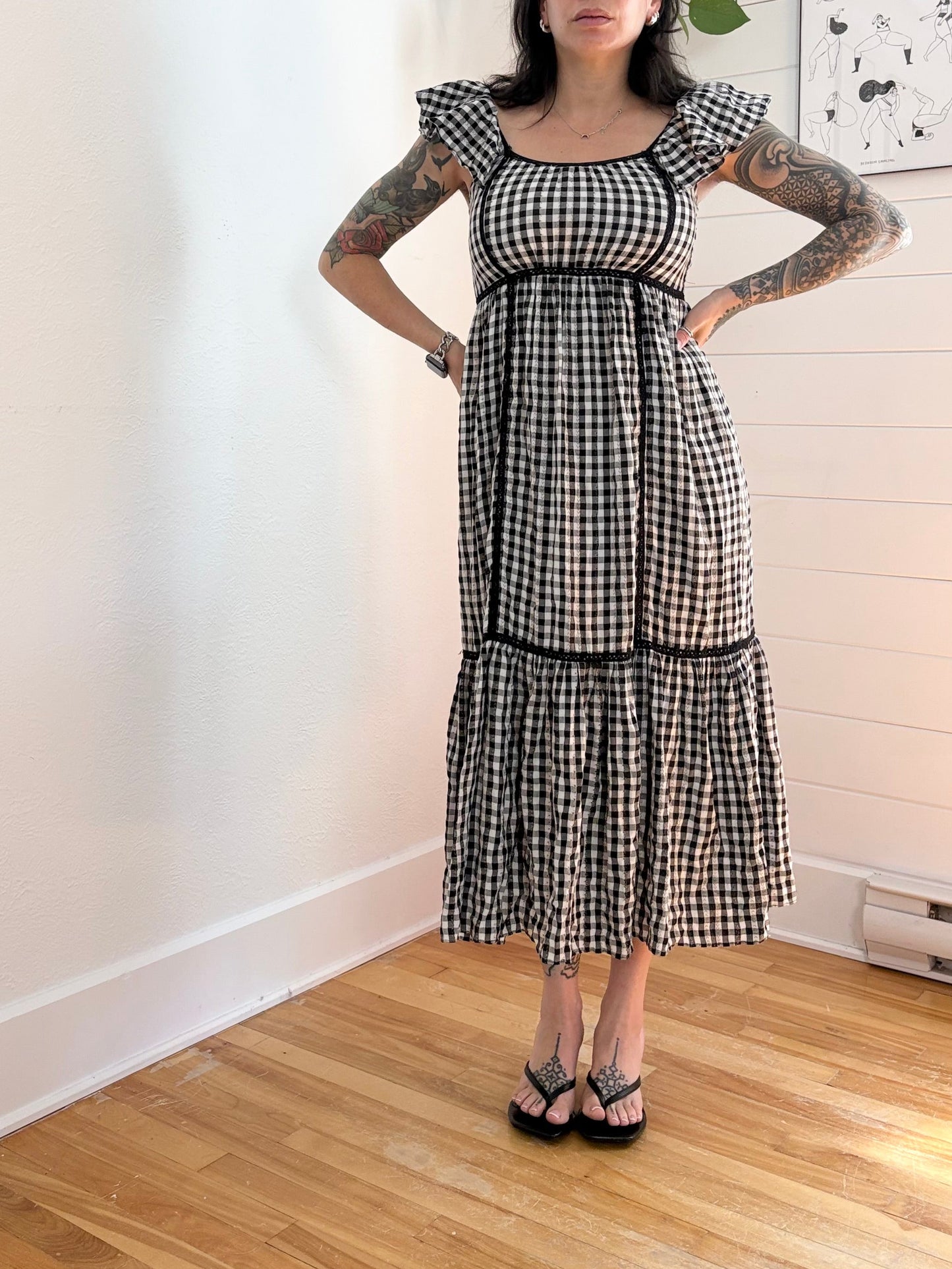 Max Studio flutter sleeve smocked gingham dress Small