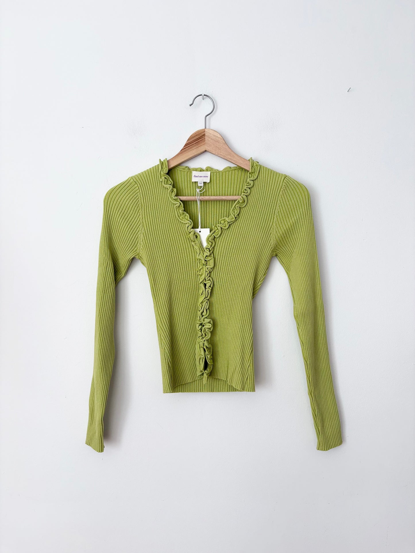 Trouvez-moi maintenant le cardigan en maille volanté vert Charlie S/M