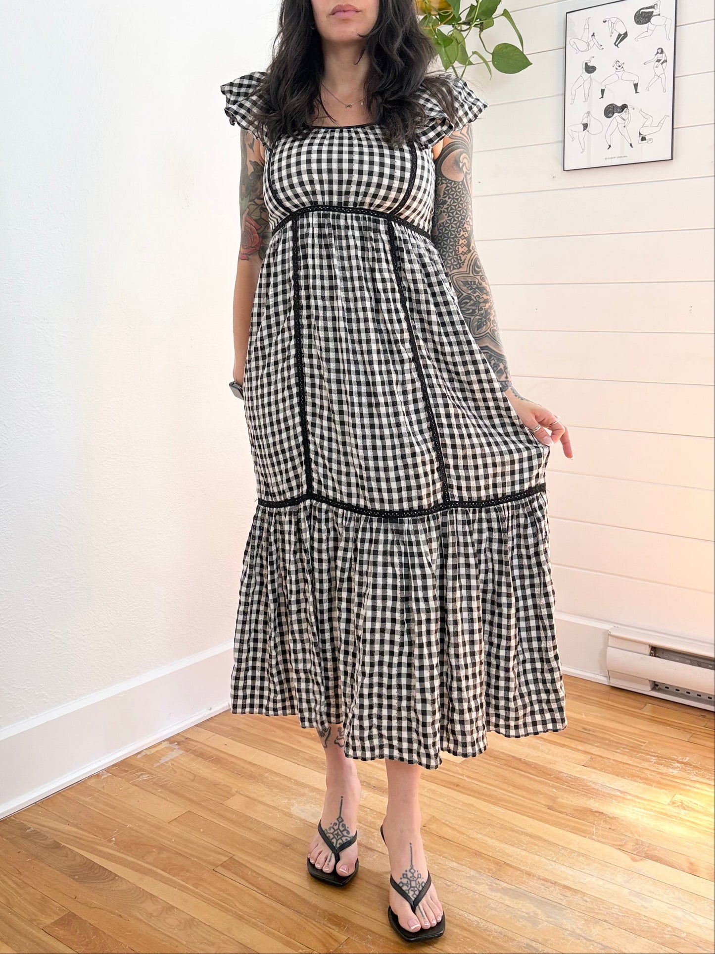 Max Studio flutter sleeve smocked gingham dress Small