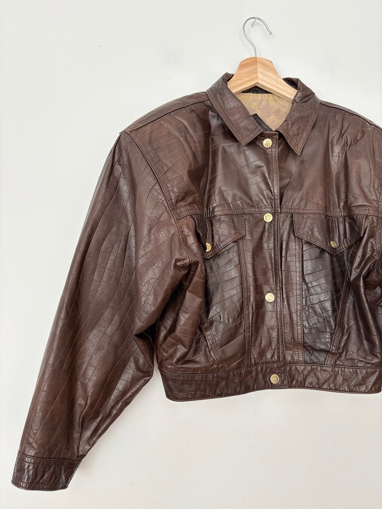 Vintage brown genuine leather crop bomber Medium