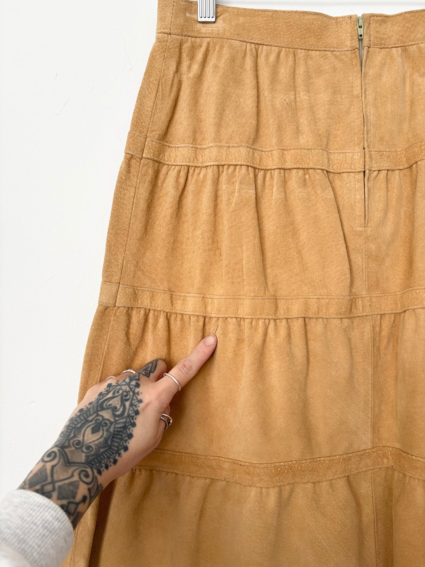 Jupe midi vintage en daim véritable à volants, taille XS/S