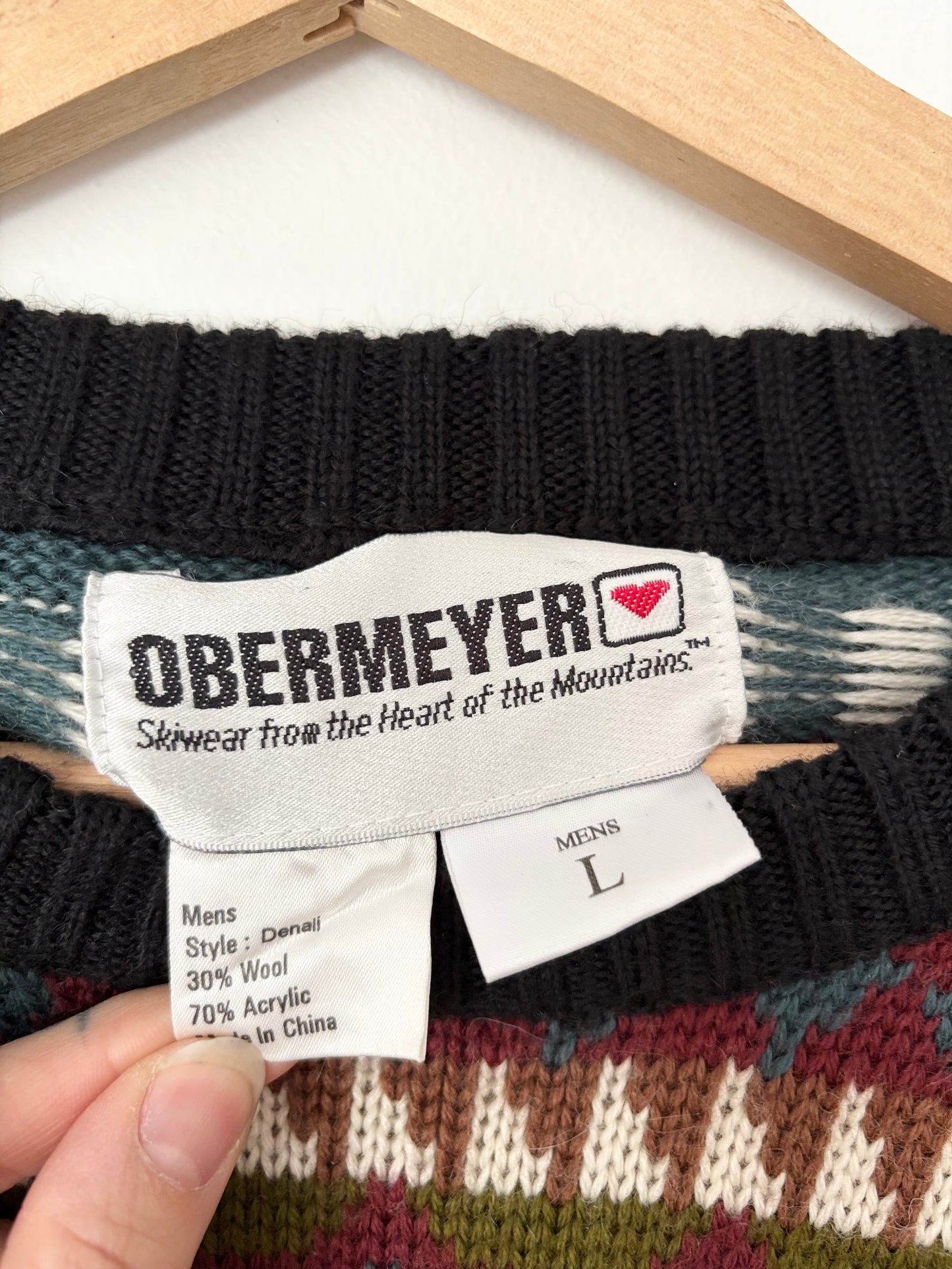 Pull vintage Obermeyer en laine mélangée à imprimé géométrique, taille L/XL