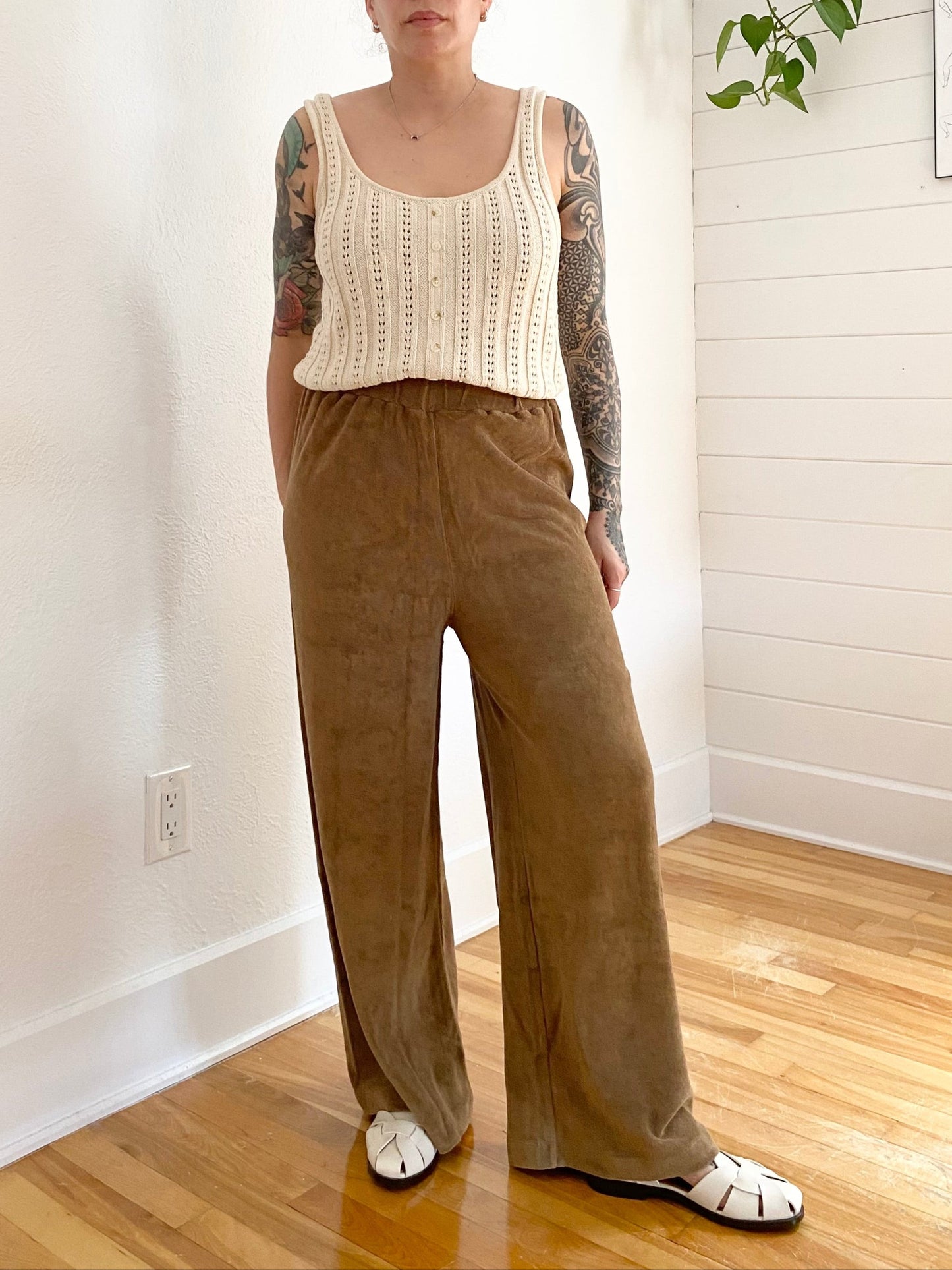 Pantalon éponge à jambes larges style folk simple, taille M/L