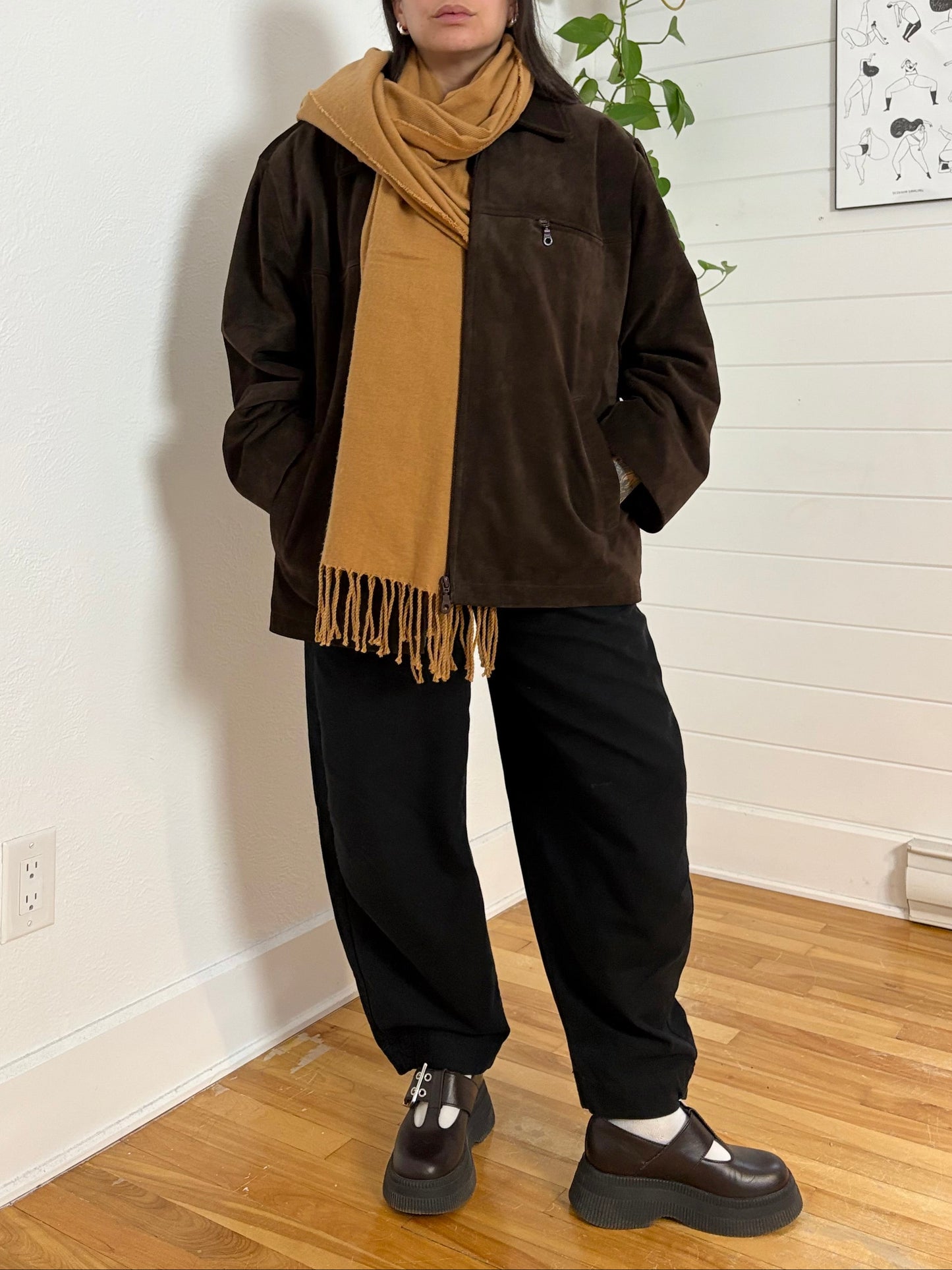 Reclaimed vintage tan knit fringe scarf