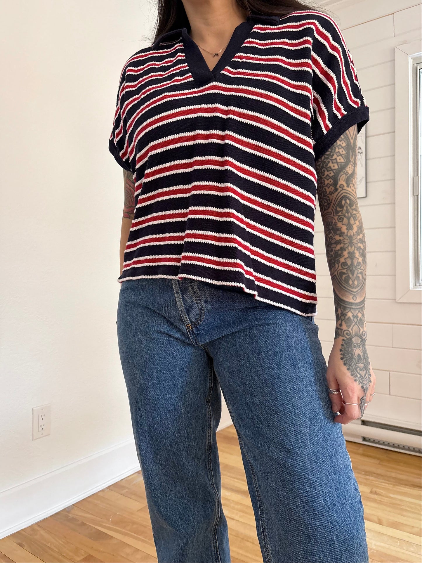 Madewell relaxed V neck polo shirt in stripe Small