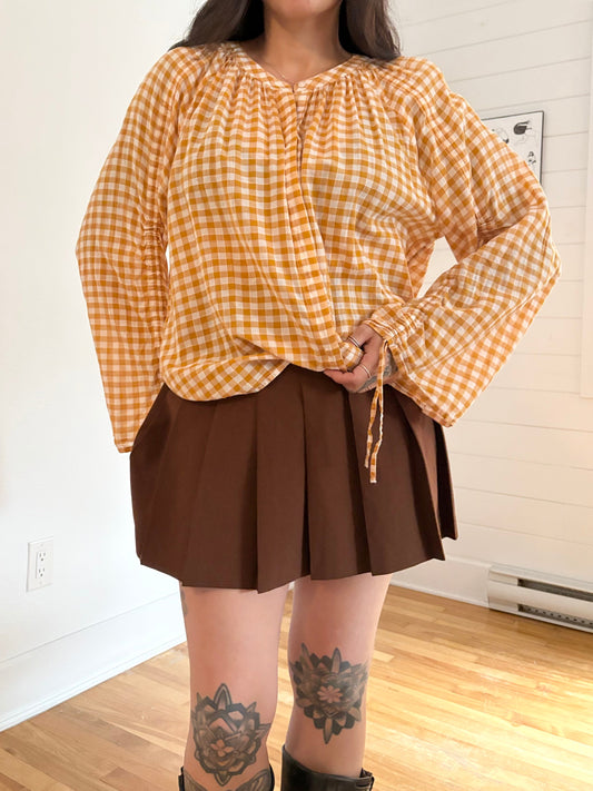 GAP ruched sleeve gingham top Large