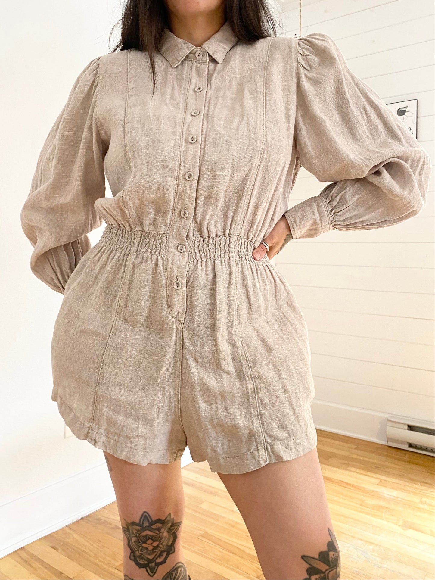 Weworewhat linen button down romper Large