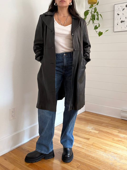 Trench-coat vintage en cuir véritable Kenneth Cole XL