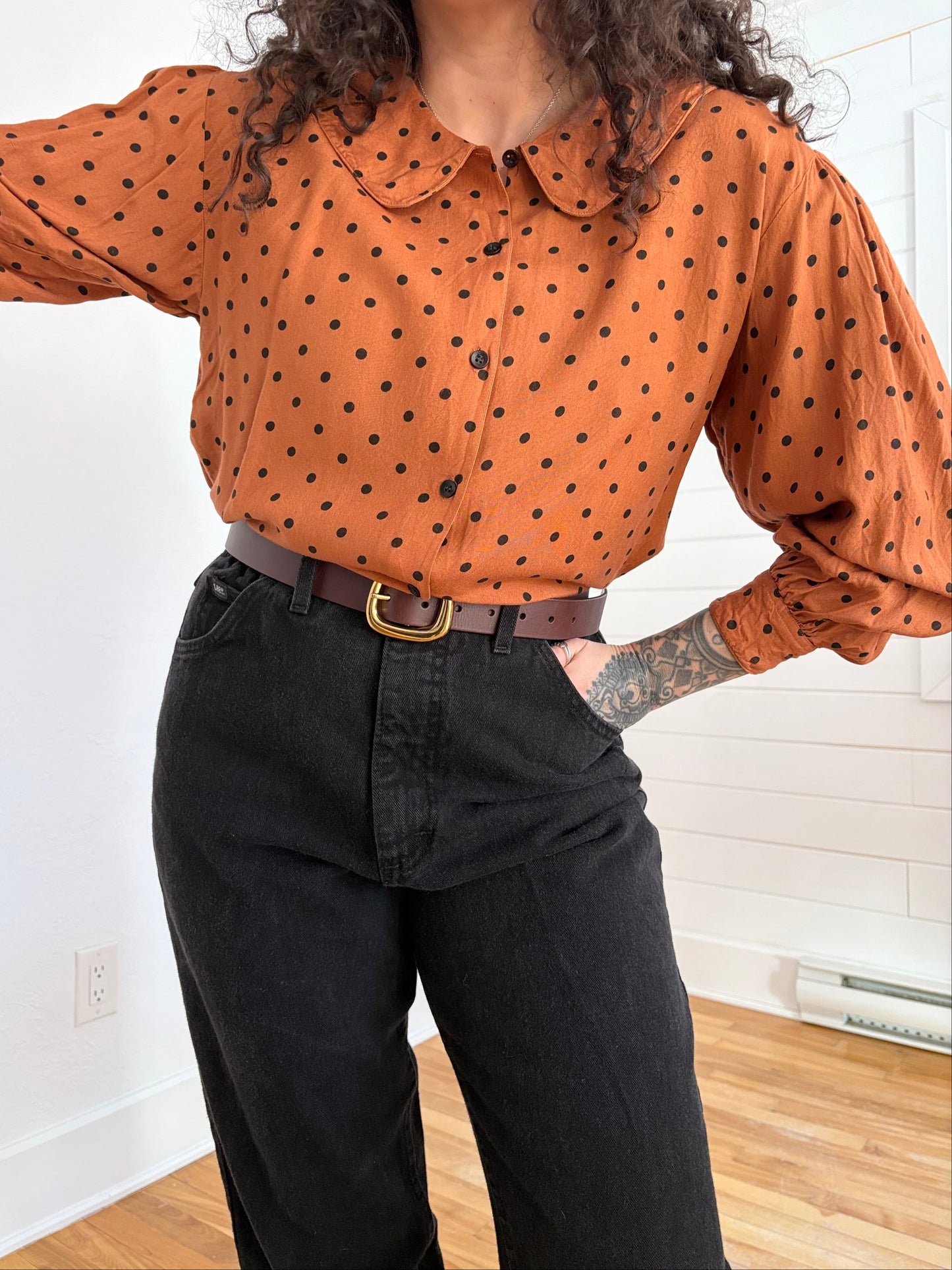 Chemisier vintage à pois, taille moyenne