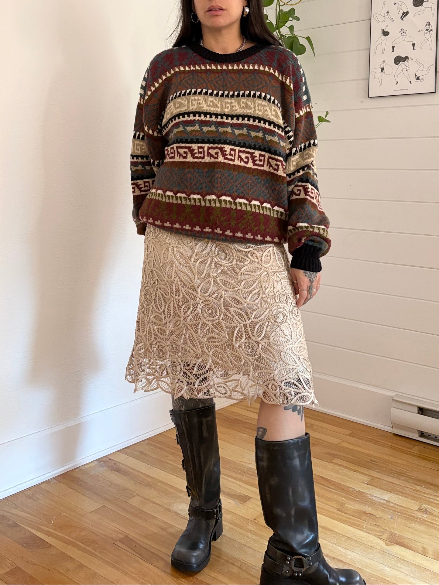 Pull vintage Obermeyer en laine mélangée à imprimé géométrique, taille L/XL