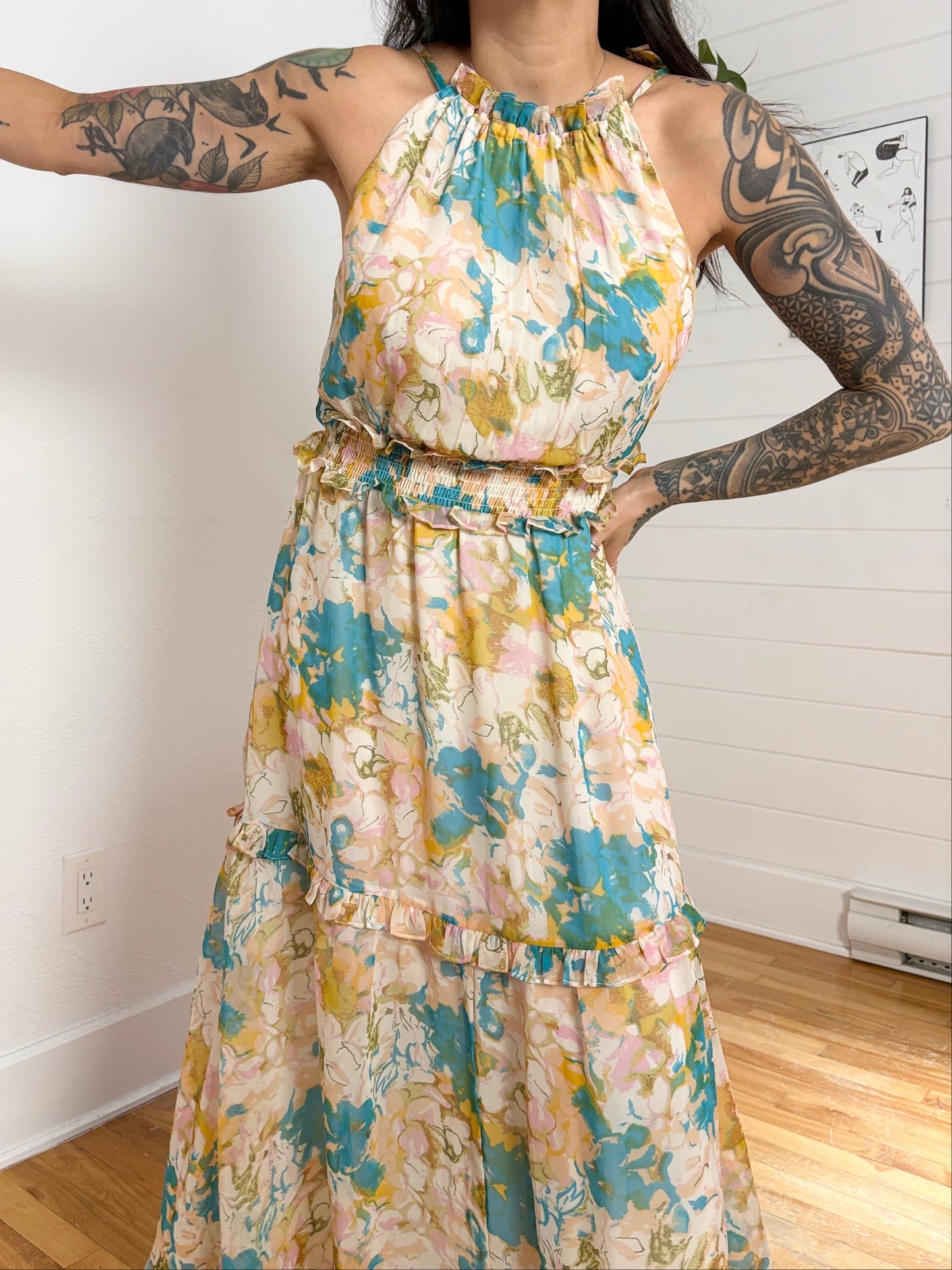 Walter Baker floral ruffle midi dress Medium