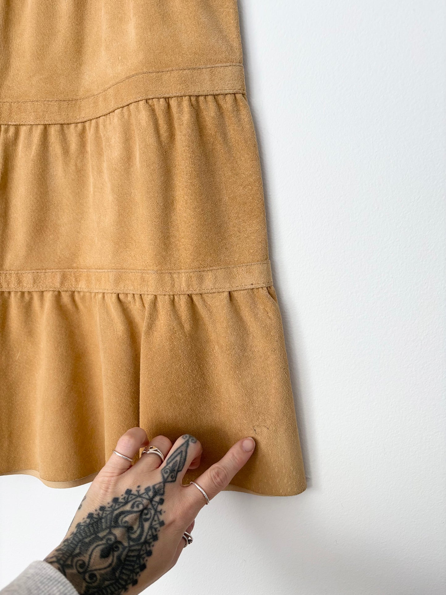 Jupe midi vintage en daim véritable à volants, taille XS/S