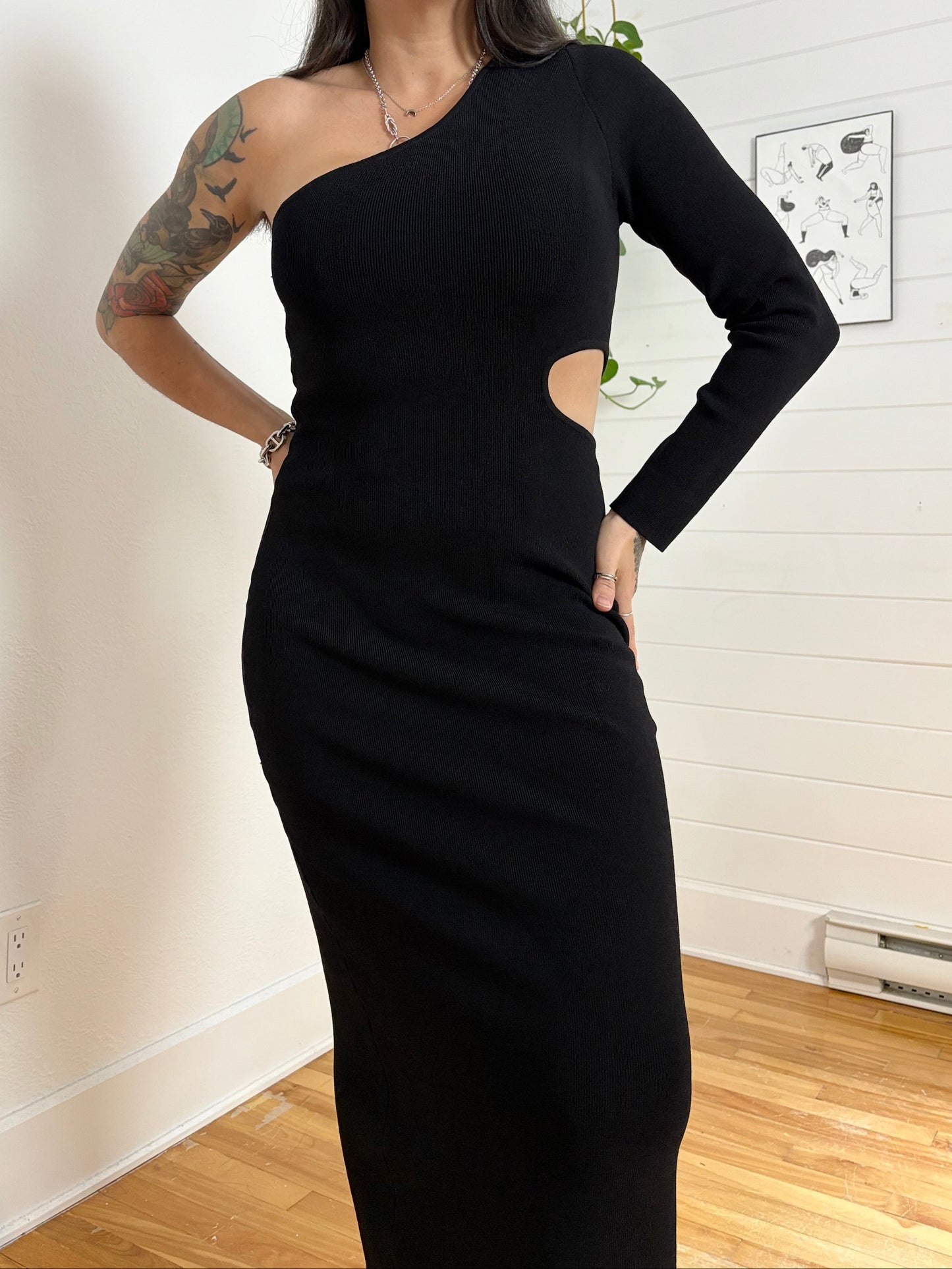 Robe longue noire côtelée à une épaule DISSH, taille M/L