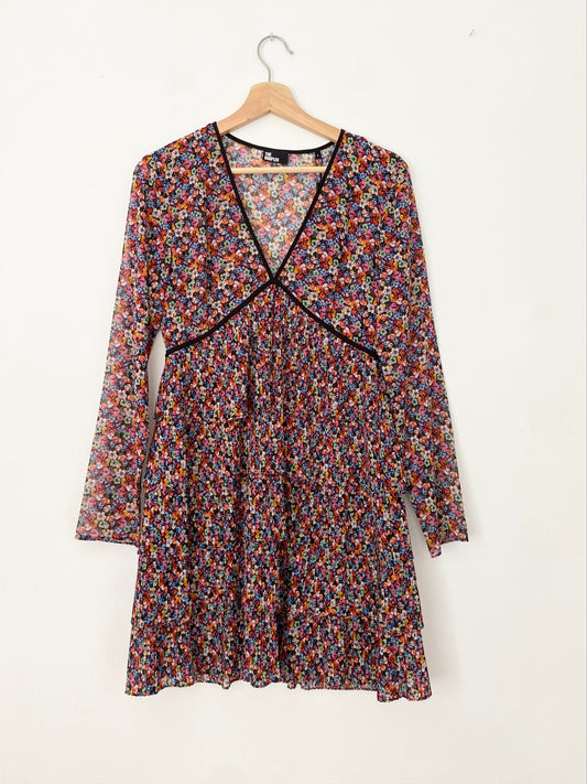 The kooples sheer sleeve floral layered ruffle mini dress S/M