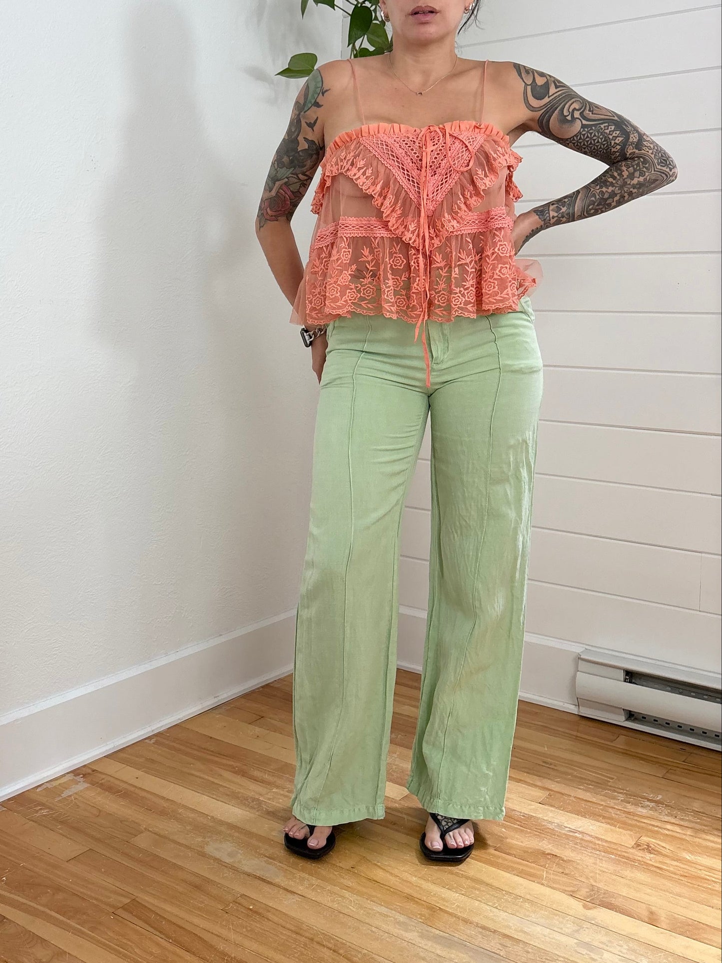 Pantalon large en mélange de lin vert menthe YFB taille S